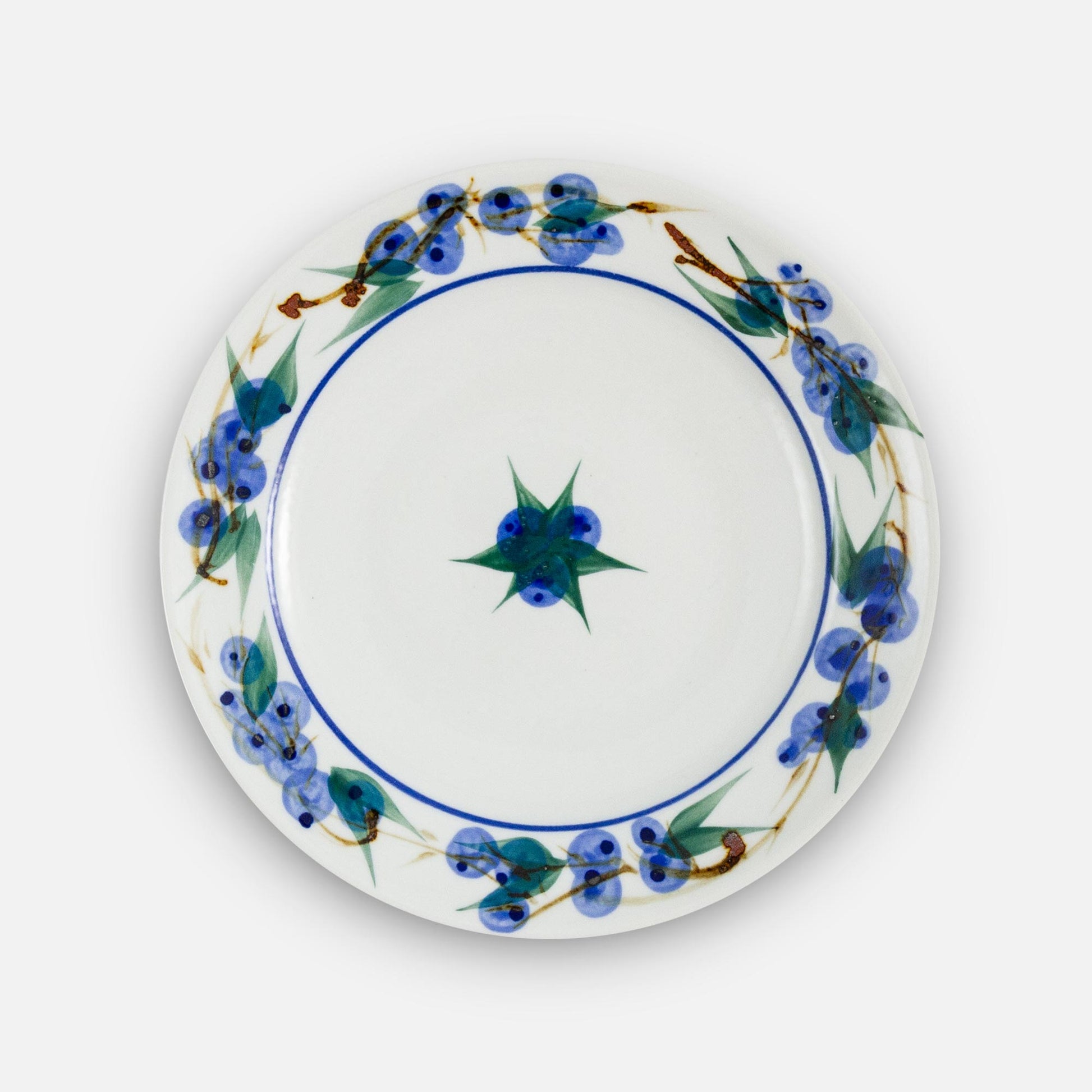 Handmade Pottery Rimless Dinner Plate made by Georgetown Pottery in Maine in Blueberry pattern