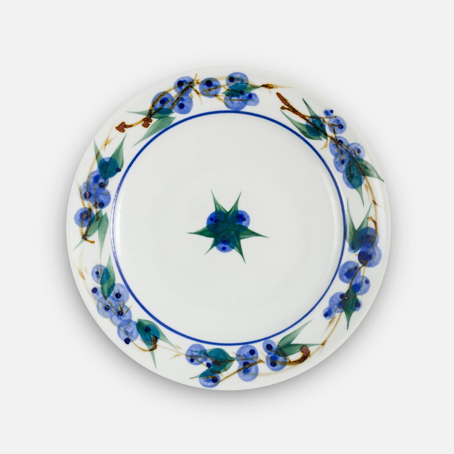 Handmade Pottery Rimless Dinner Plate made by Georgetown Pottery in Maine in Blueberry pattern