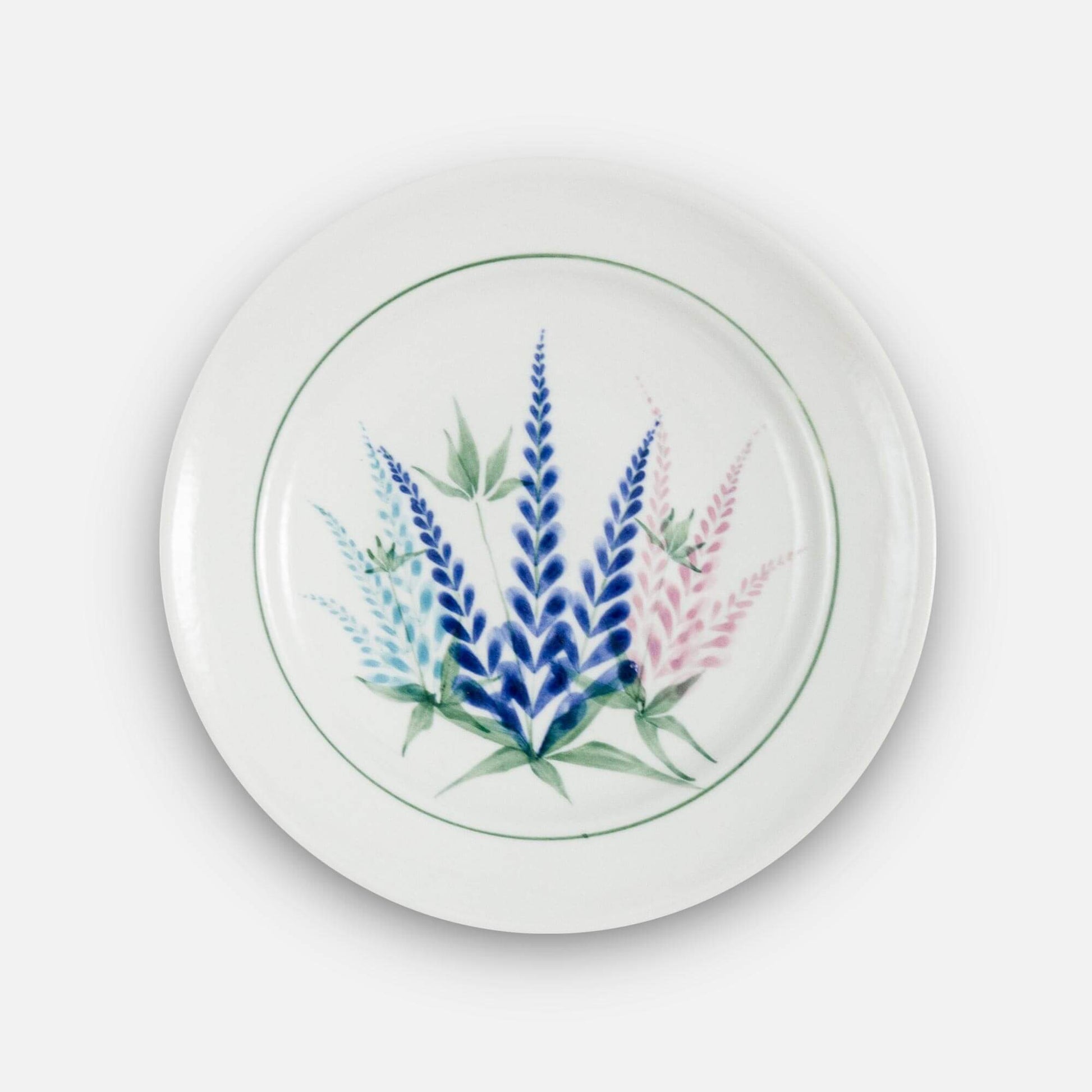 Handmade Pottery Footed Dessert Plate in Lupine pattern made by Georgetown Pottery in Maine