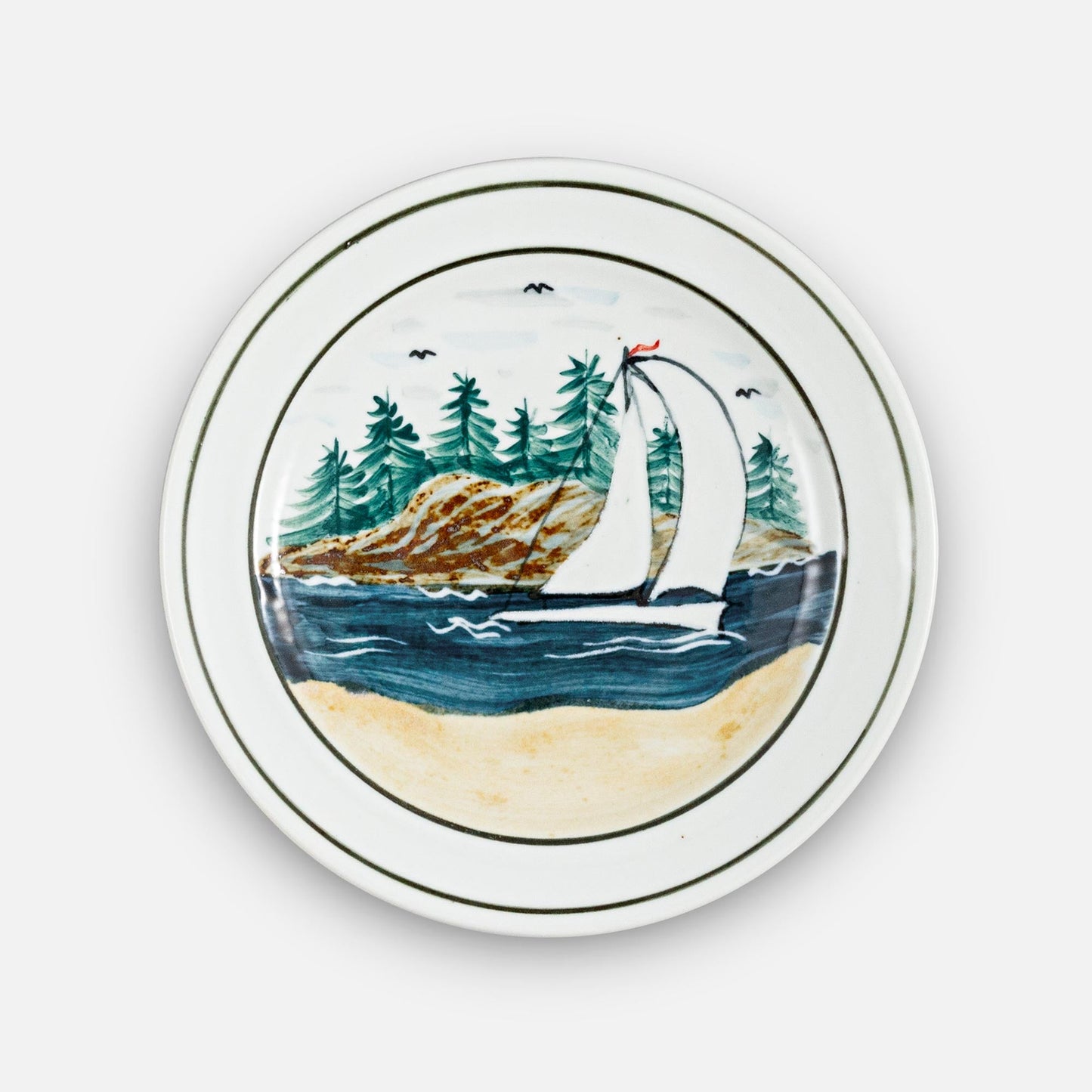 Handmade Pottery Rimless Dinner Plate made by Georgetown Pottery in Maine in Sailboat Pattern