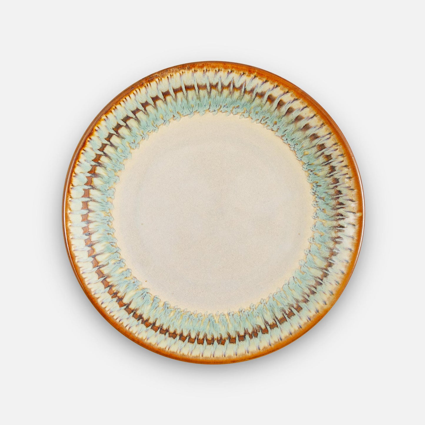 Handmade Pottery Rimless Dinner Plate made by Georgetown Pottery in Maine in Ivory Green Oribe pattern