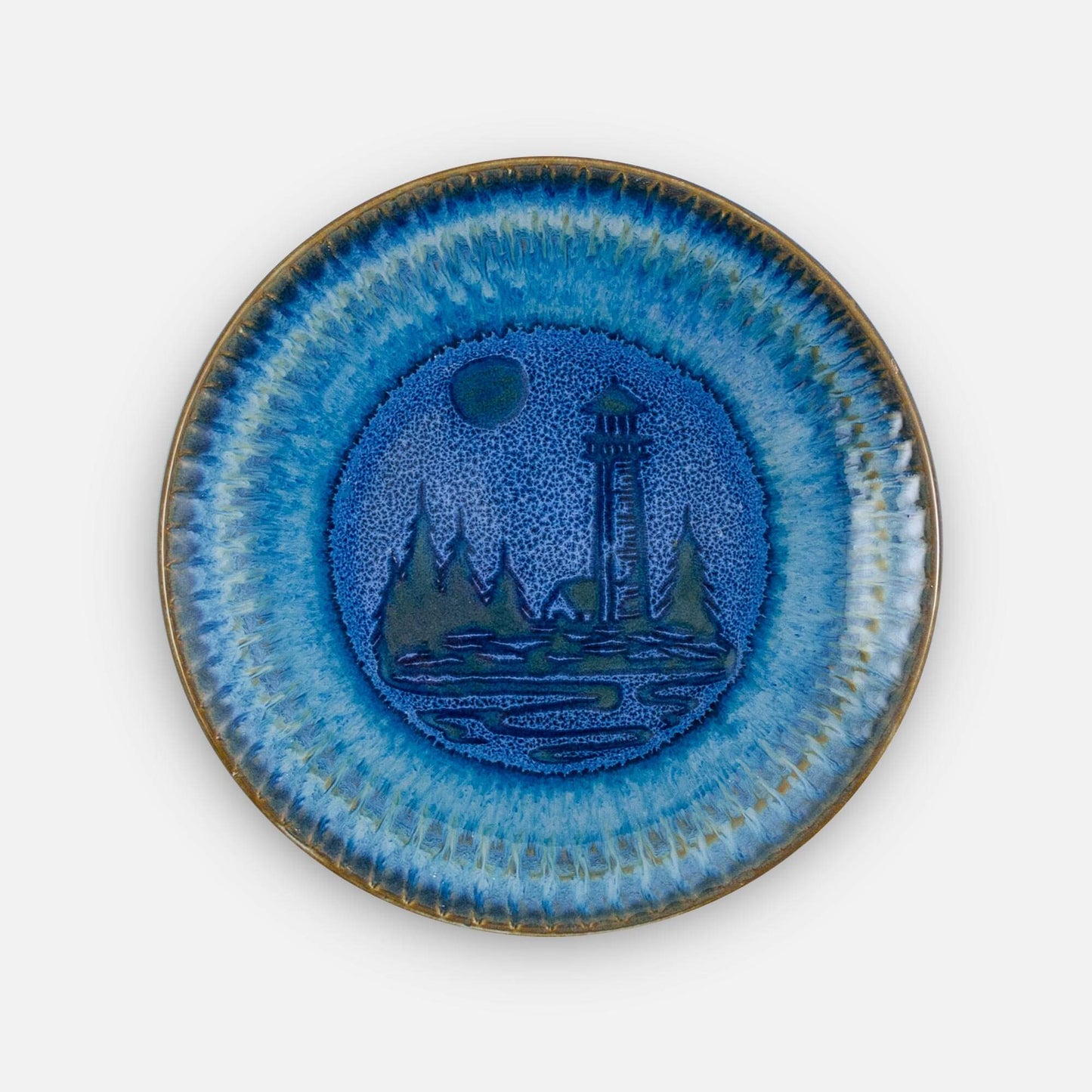 Handmade Pottery Rimless Dinner Plate made by Georgetown Pottery in Maine in Blue Lighthouse