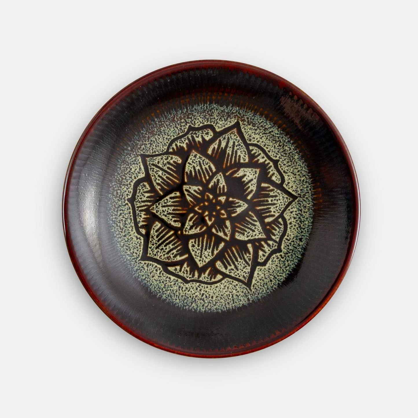 Handmade Pottery Rimless Dessert Plate made by Georgetown Pottery in Maine in Hamada Celtic Rose Pattern