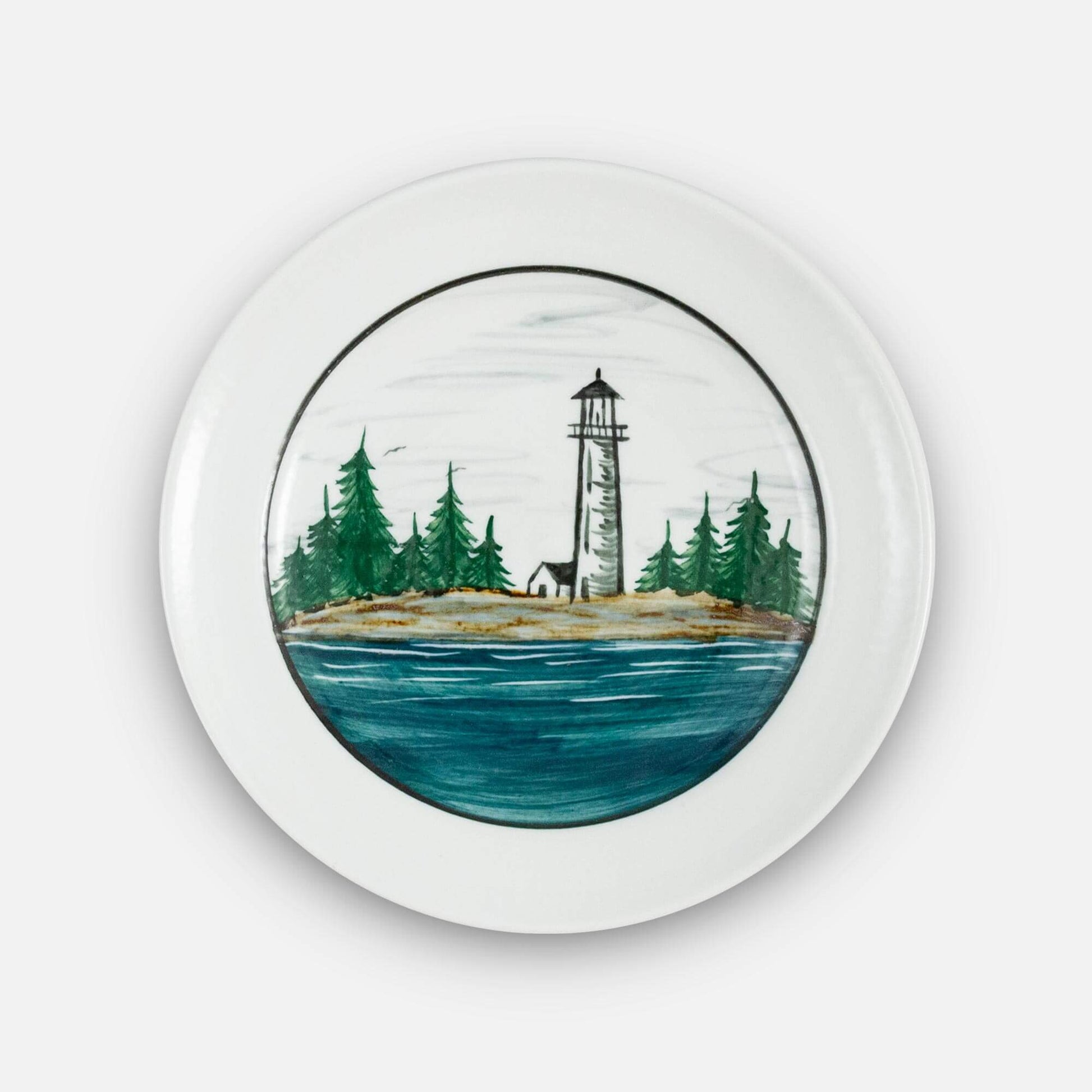 Handmade Pottery Rimless Dinner Plate made by Georgetown Pottery in Maine in Lighthouse pattern