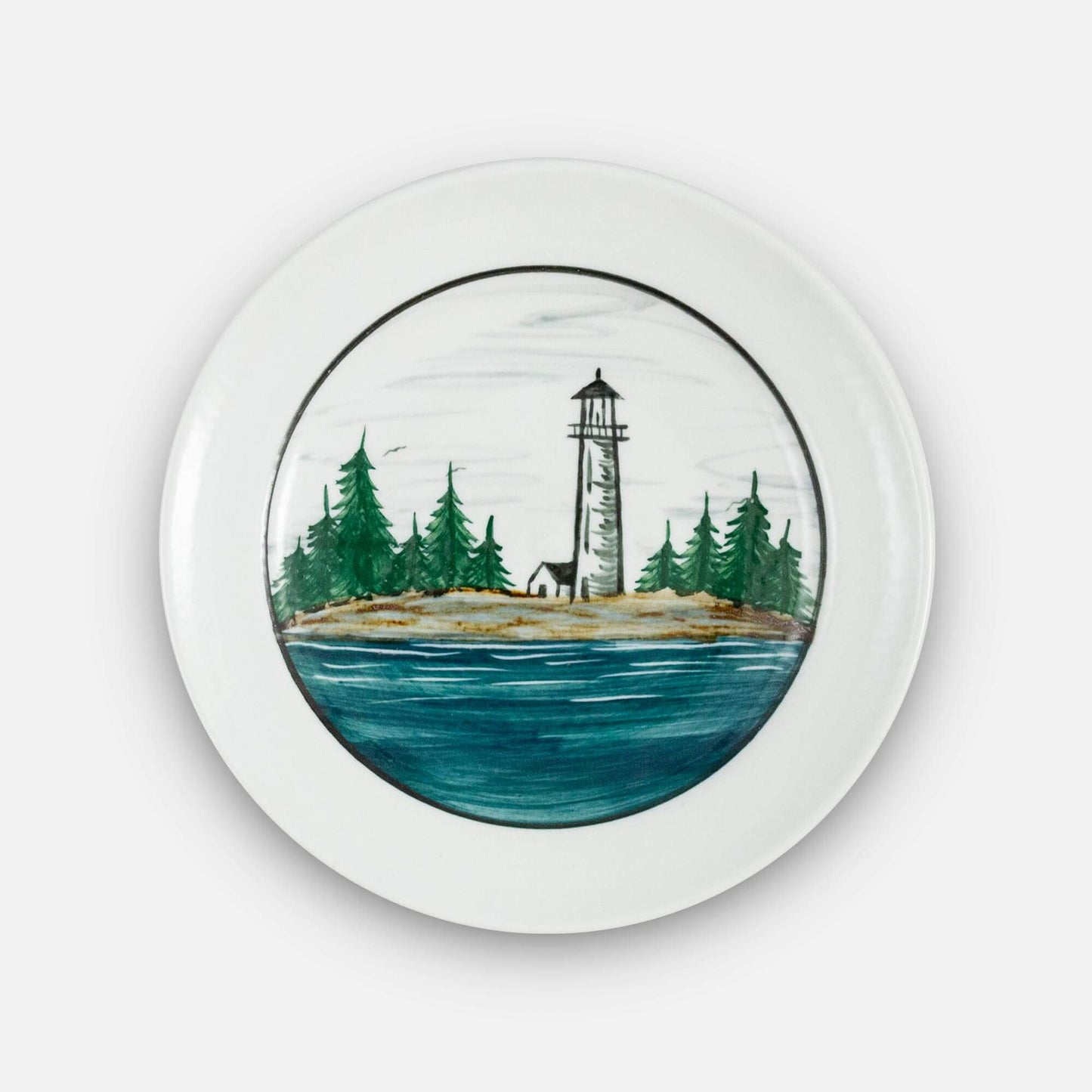 Handmade Pottery Footed Dinner Plate in Lighthouse pattern made by Georgetown Pottery in Maine