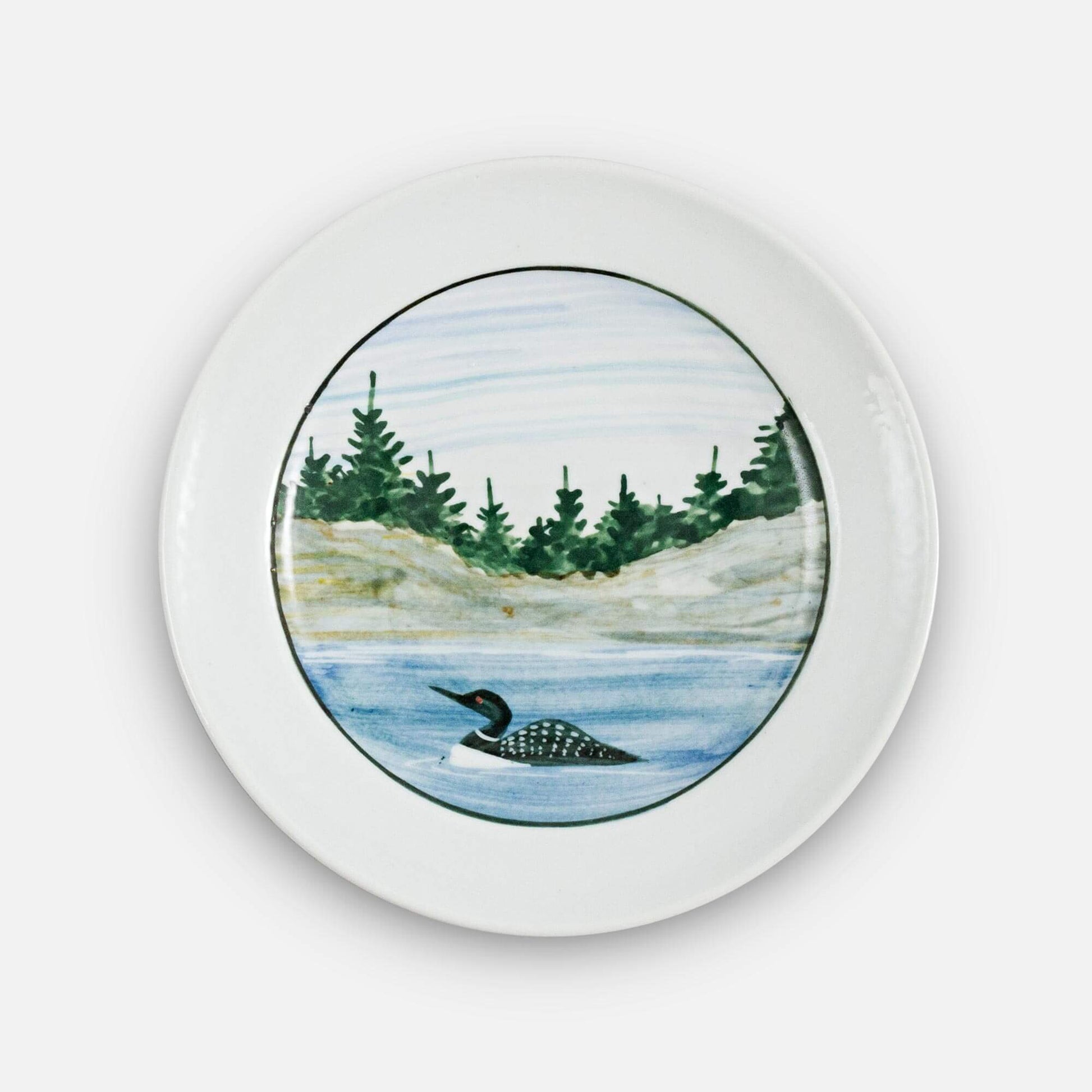 Handmade Pottery Footed Dessert Plate in Loon pattern made by Georgetown Pottery in Maine