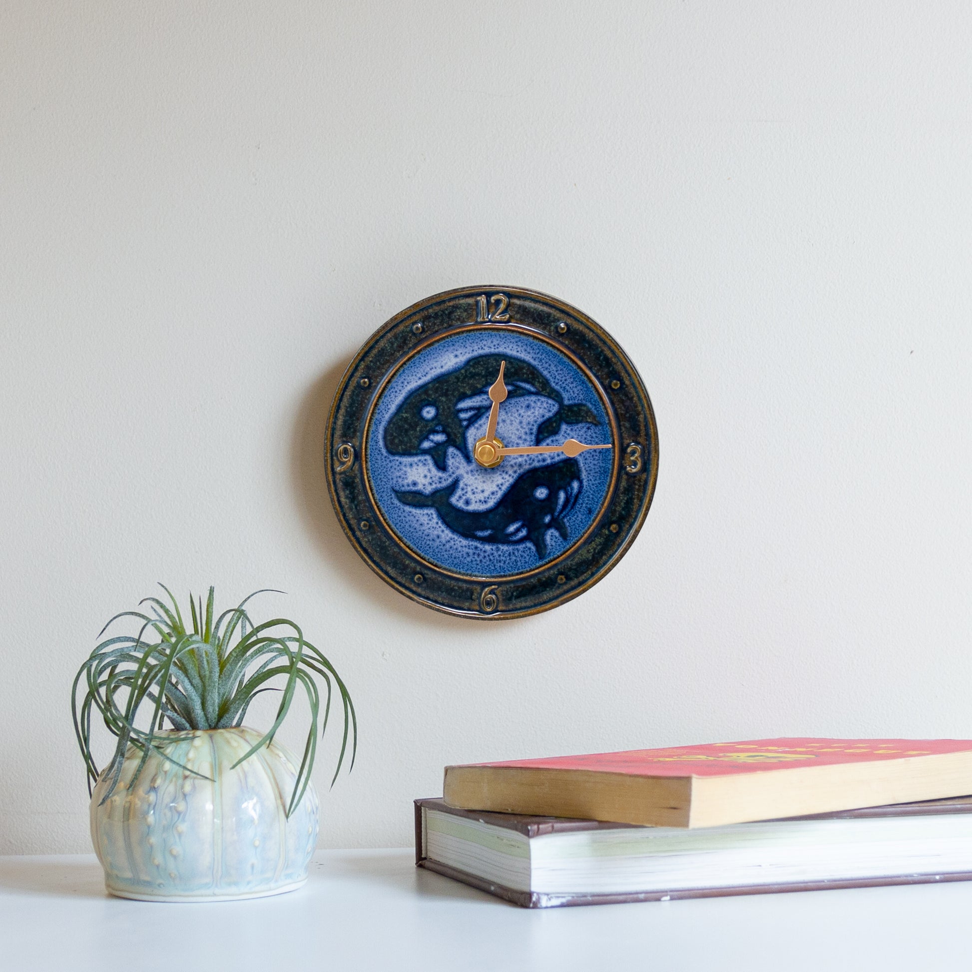 Handmade Pottery Small Clock w/ Stand in Blue Whale pattern made by Georgetown Pottery in Maine