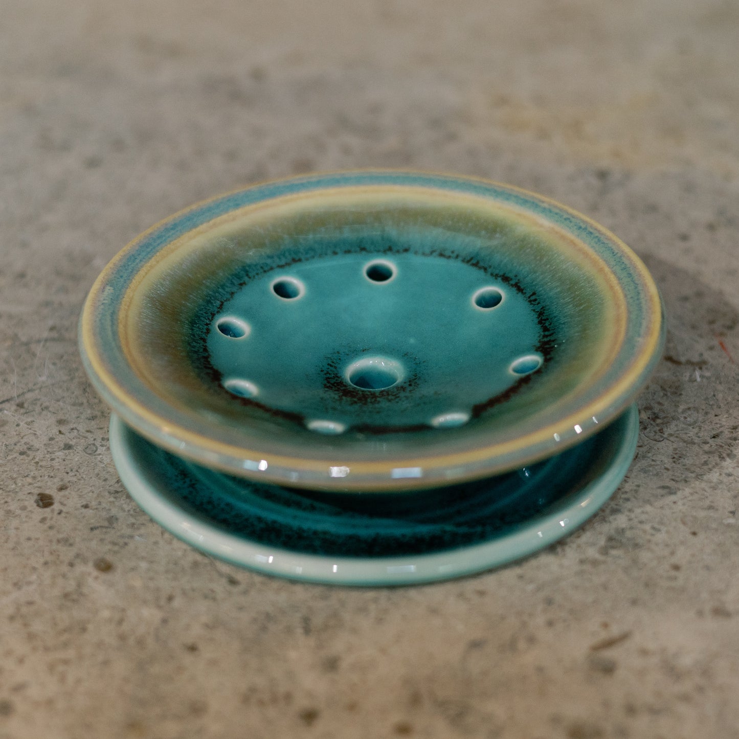 Handmade Ceramic Soap Dish in Green Oribe by Georgetown Pottery in Maine