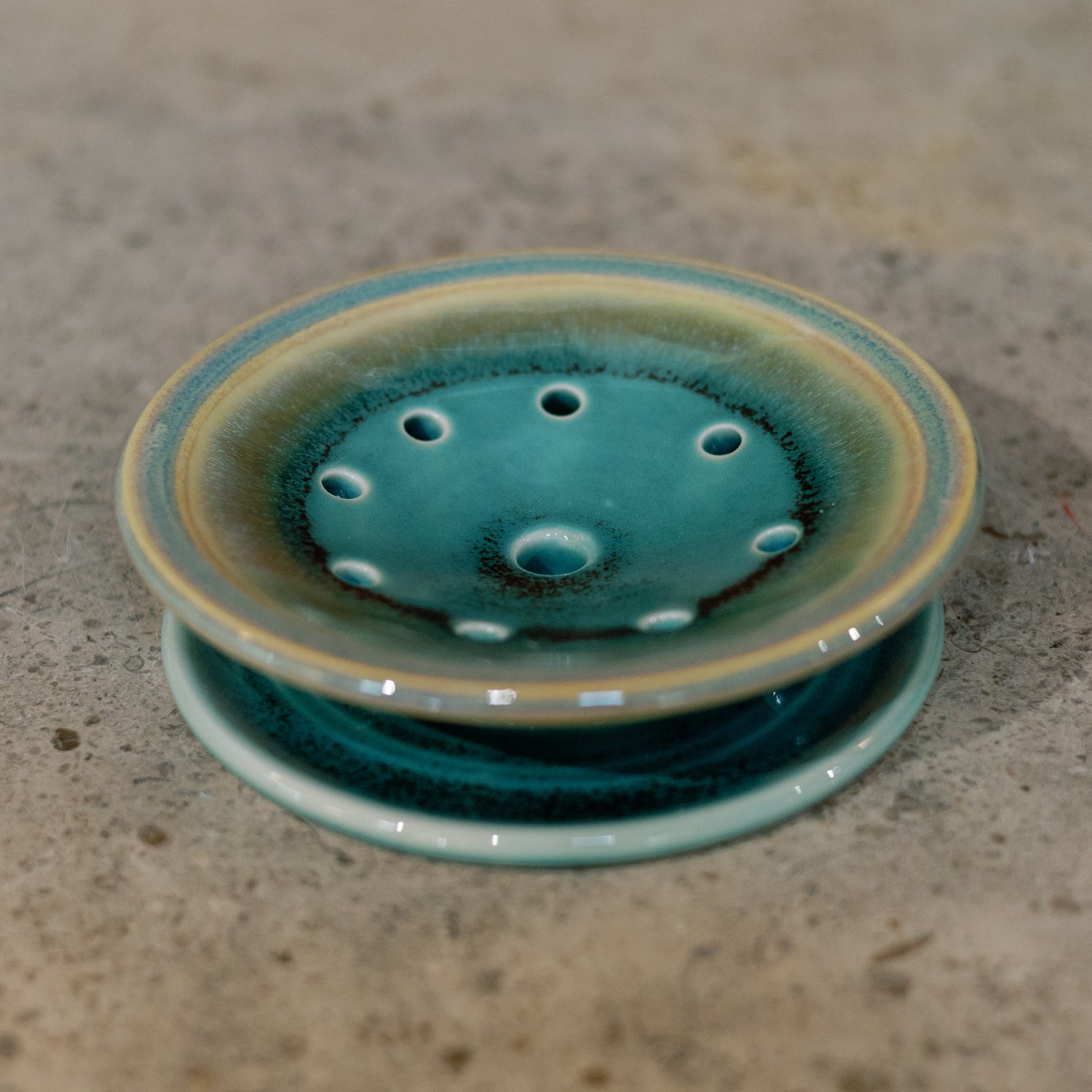 Handmade Ceramic Soap Dish in Green Oribe by Georgetown Pottery in Maine