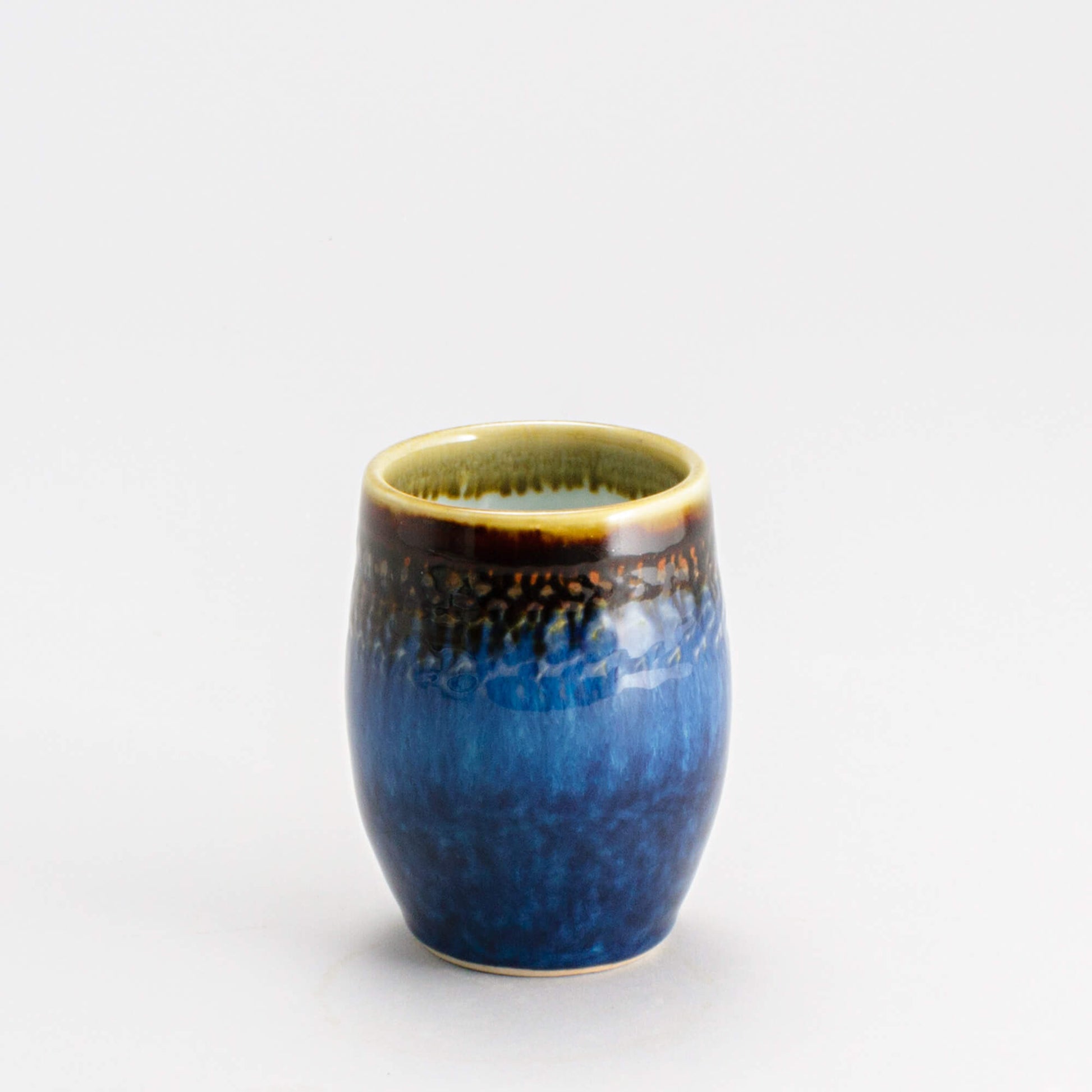Handmade Pottery Stemless Wine Tumbler made by Georgetown Pottery in Maine Blue Hamada
