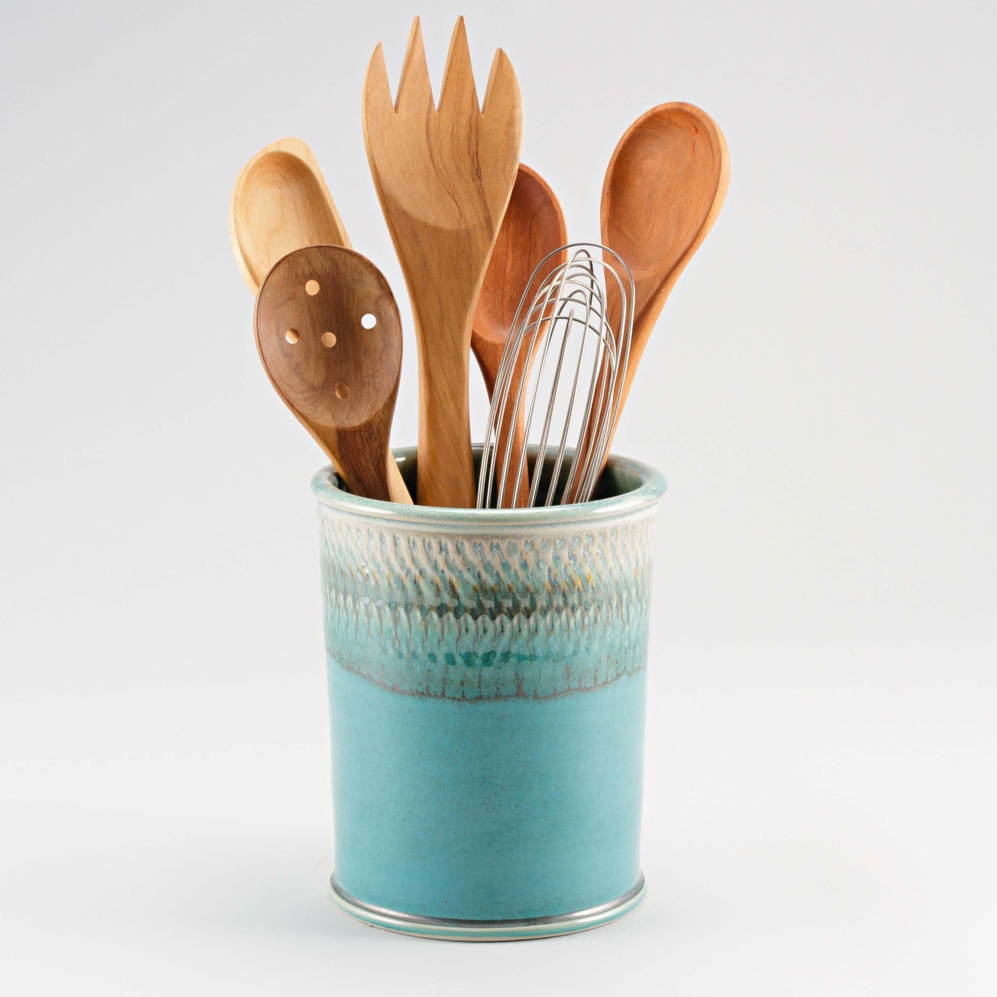 Handmade Pottery Utensil Holder in Green Oribe pattern made by Georgetown Pottery in Maine