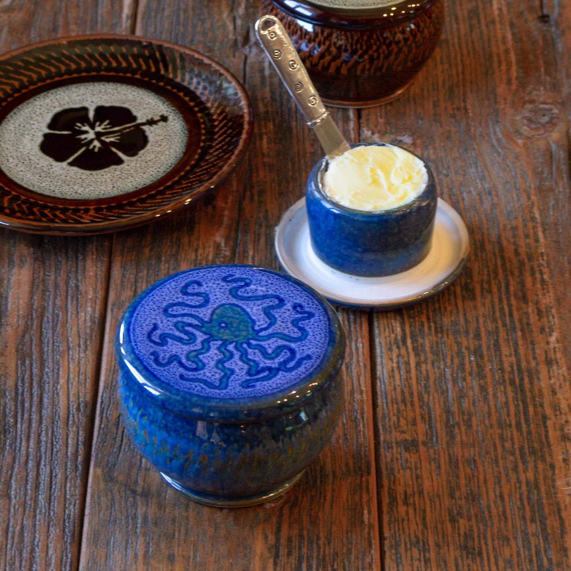 Handmade Pottery French Butter Keeper in Blue Octopus pattern made by Georgetown Pottery in Maine