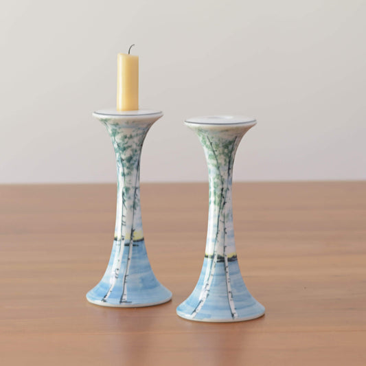 Handmade Pottery Candlestick Holders in Birch pattern made by Georgetown Pottery in Maine