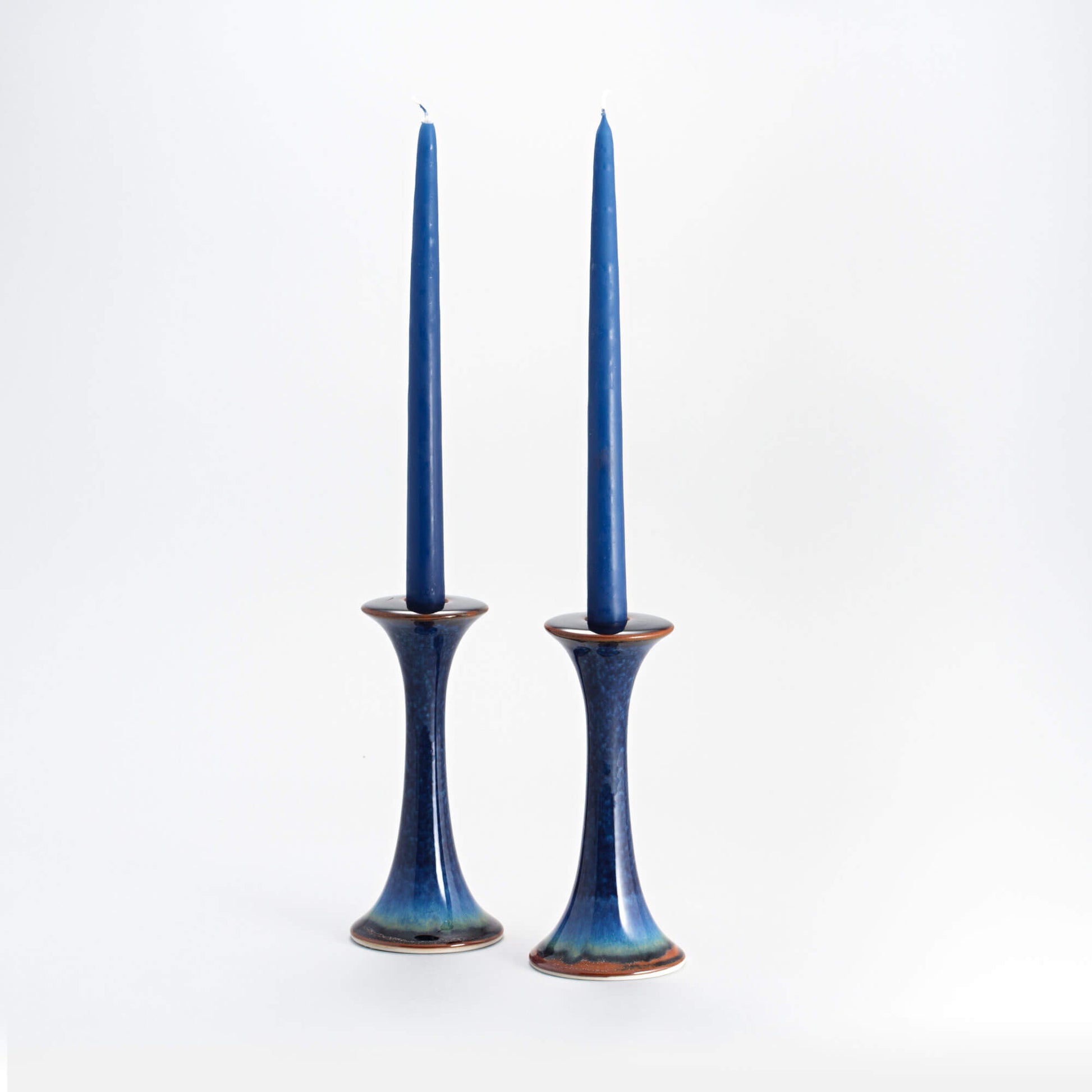 Handmade Pottery Candlestick Holders in Blue Hamada pattern made by Georgetown Pottery in Maine
