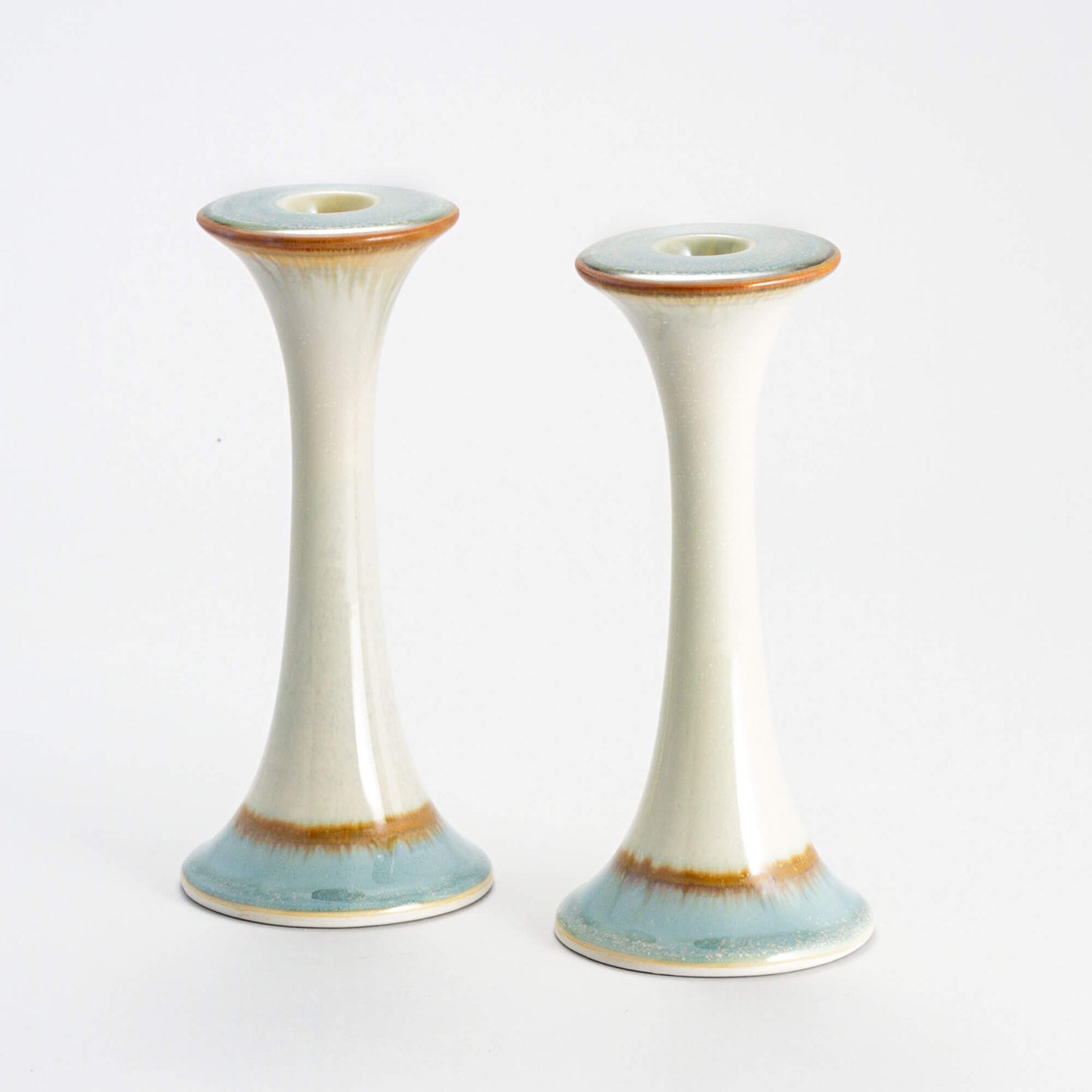 Handmade Pottery Candlestick Holders in Ivory & Blue pattern made by Georgetown Pottery in Maine