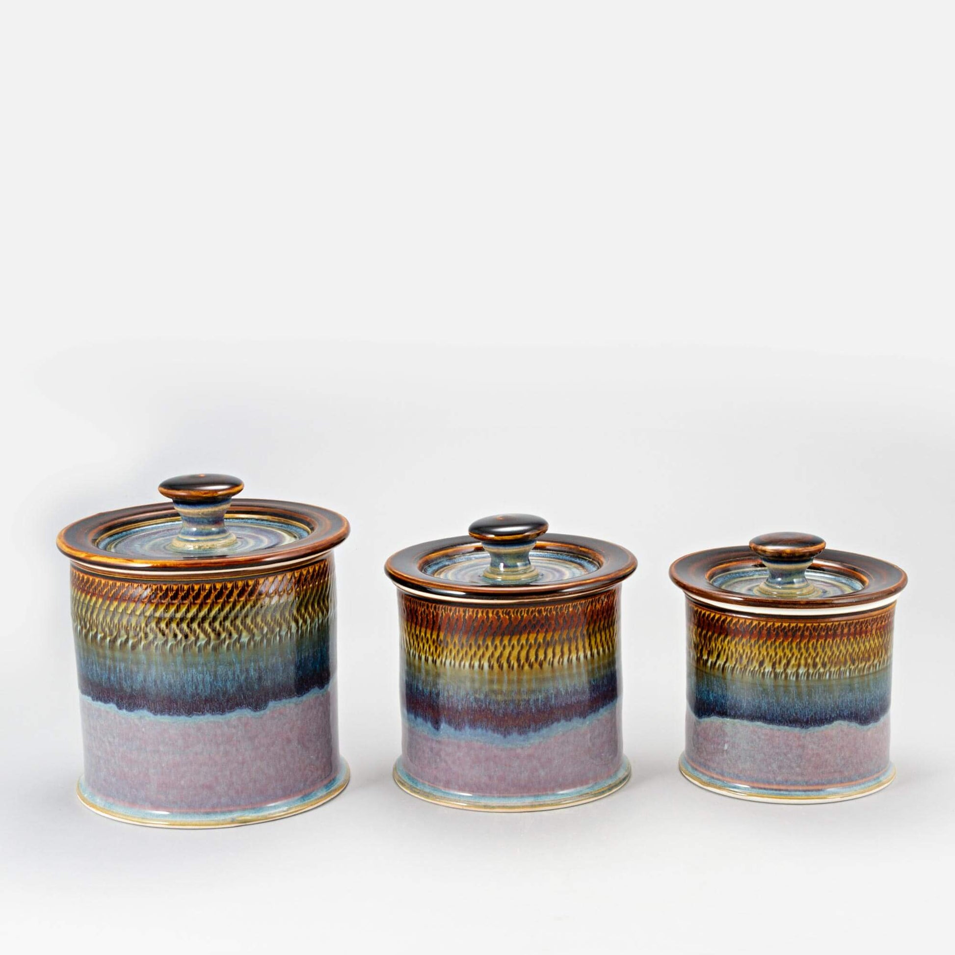Handmade Pottery Canister Set in Purple Hamada pattern made by Georgetown Pottery in Maine