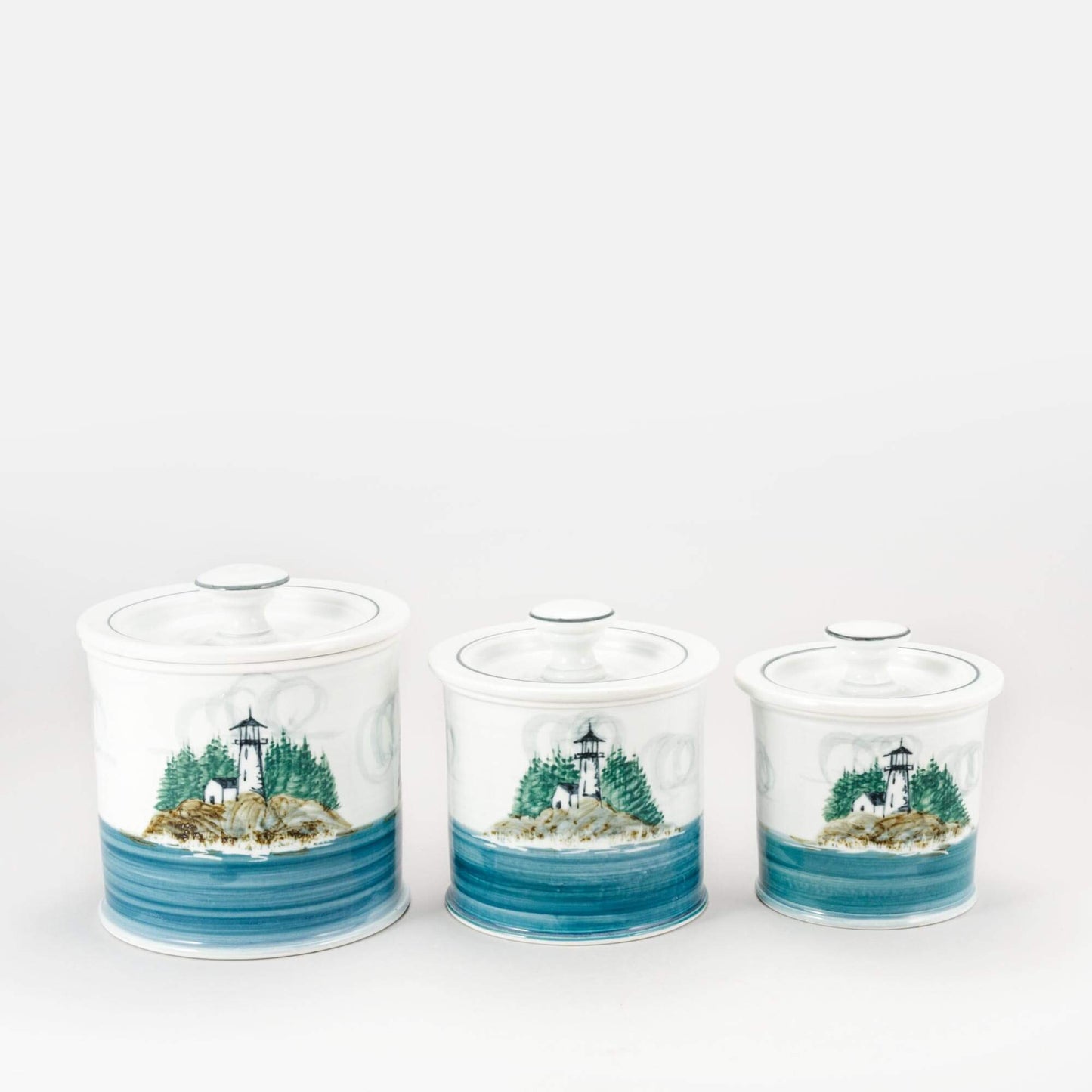 Handmade Pottery Canister Set in Lighthouse pattern made by Georgetown Pottery in Maine
