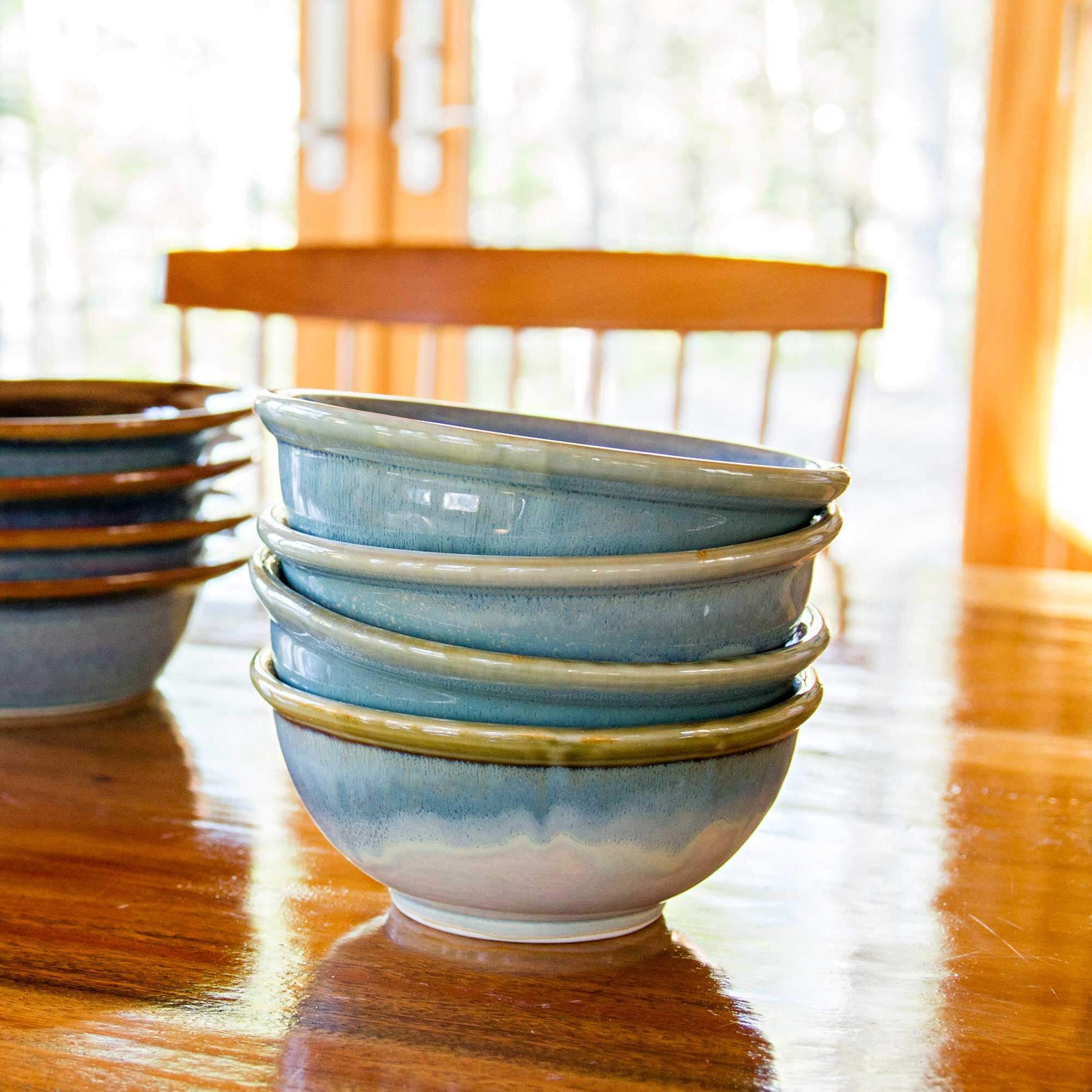 Handmade Pottery Cereal Bowl in Ivory & Blue pattern made by Georgetown Pottery in Maine