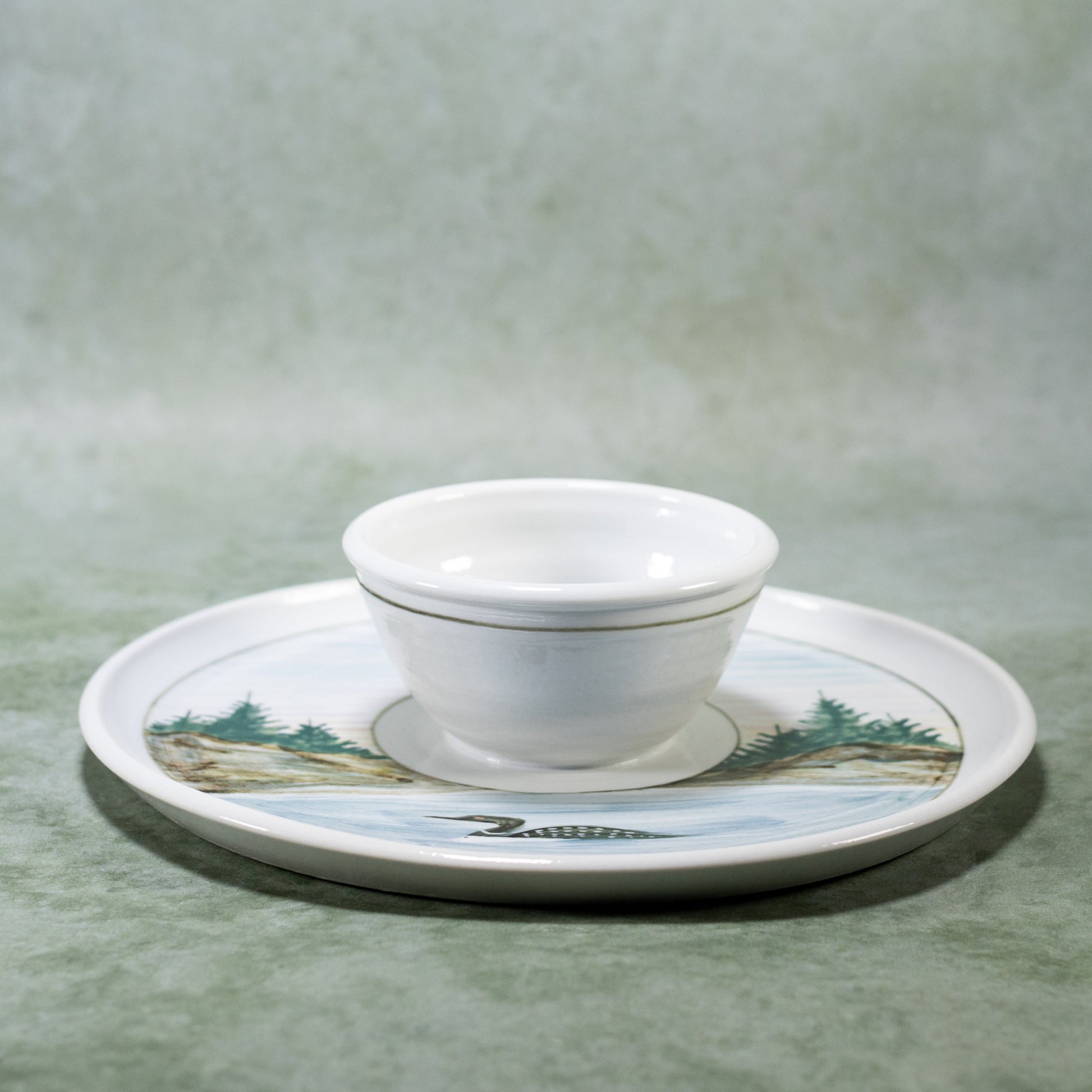 Ceramic Chip & Dip Tray in Loon pattern  handmade by Georgetown Pottery in Maine