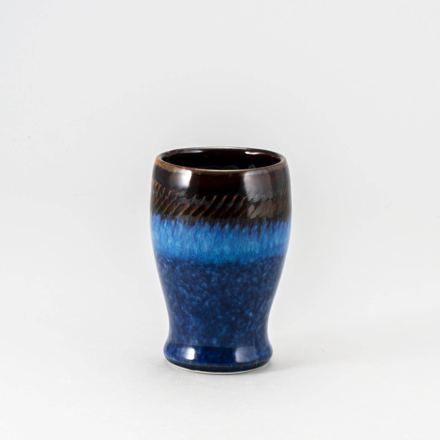 Handmade Pottery Curvy Tumbler in Blue Hamada pattern made by Georgetown Pottery in Maine