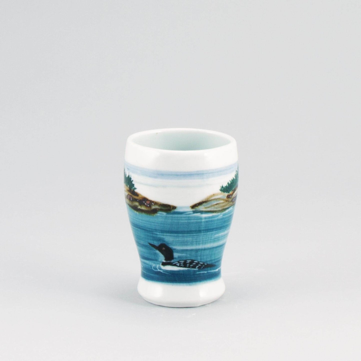 Handmade Pottery Curvy Tumbler in Loon pattern made by Georgetown Pottery in Maine