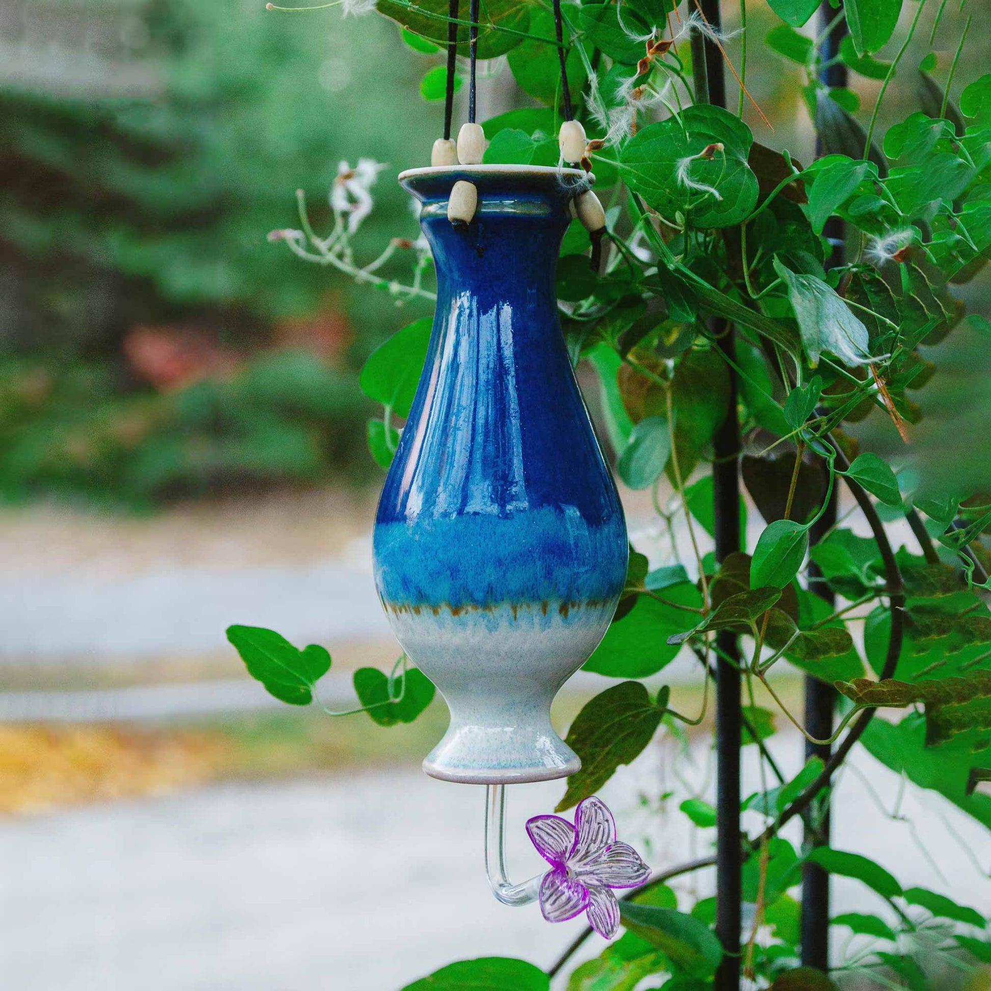 Handmade Pottery Bottle Hummingbird Feeder in Cobalt pattern made by Georgetown Pottery in Maine