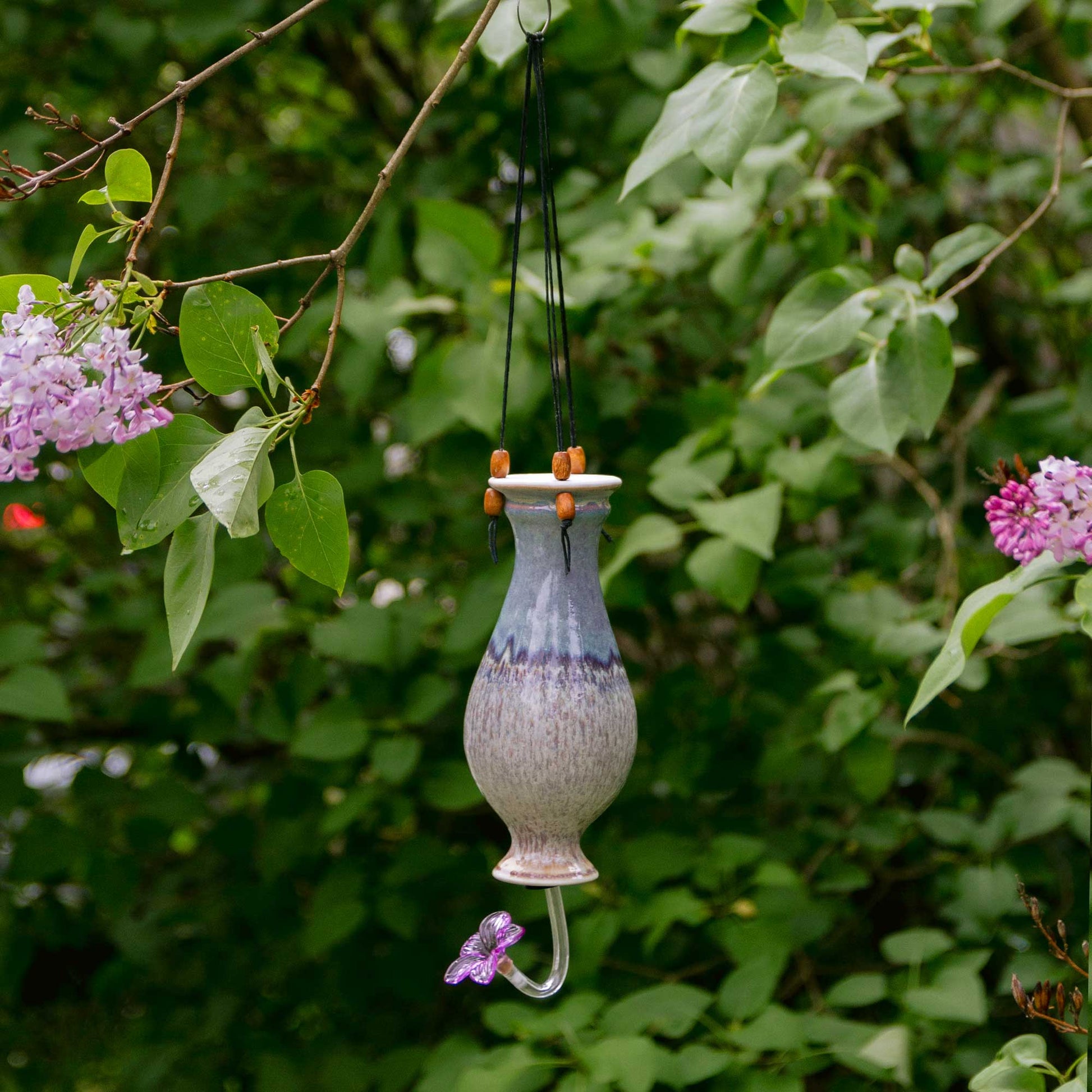 Handmade Pottery Bottle Hummingbird Feeder in Purple Nuka pattern made by Georgetown Pottery in Maine