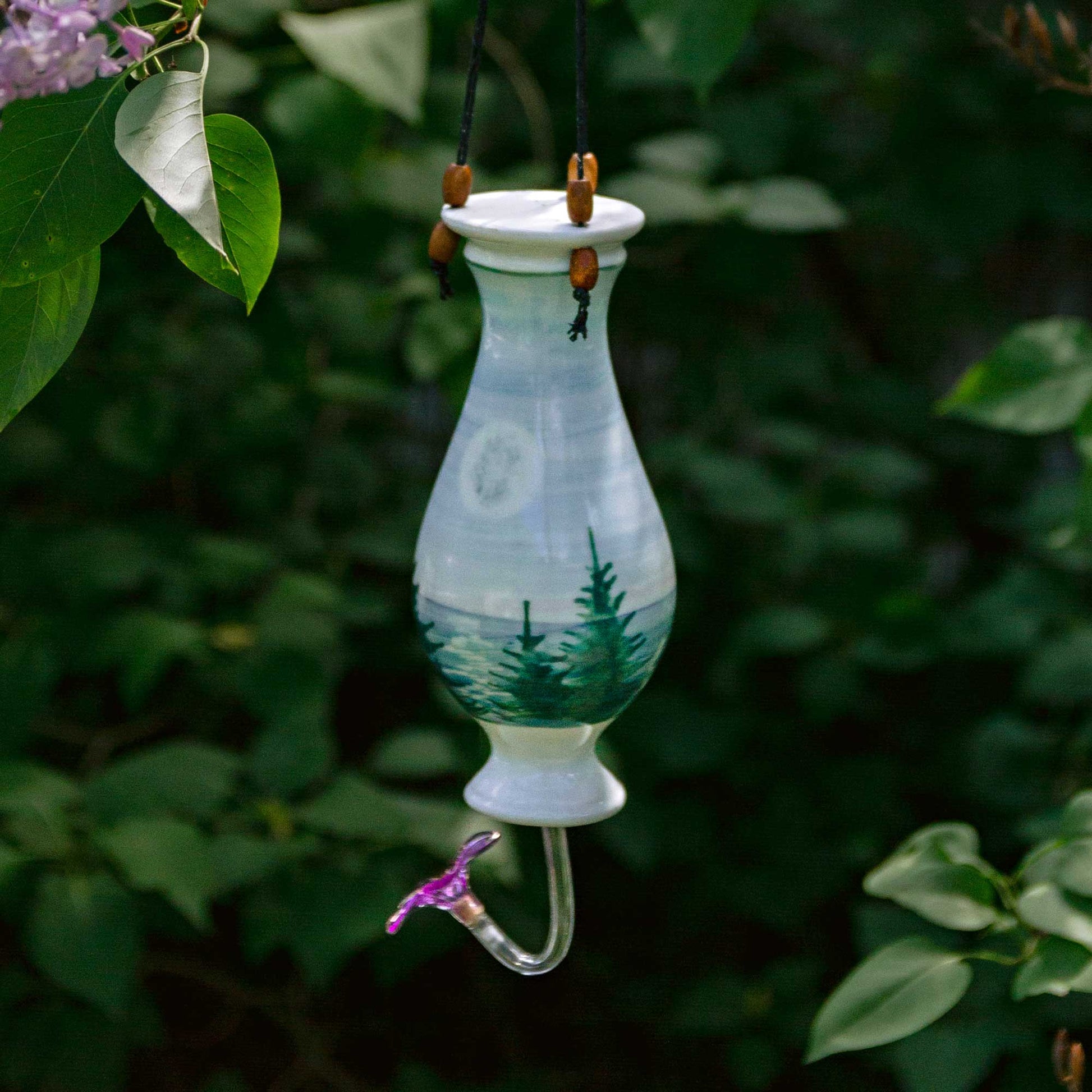 Handmade Pottery Bottle Hummingbird Feeder in Moon pattern made by Georgetown Pottery in Maine
