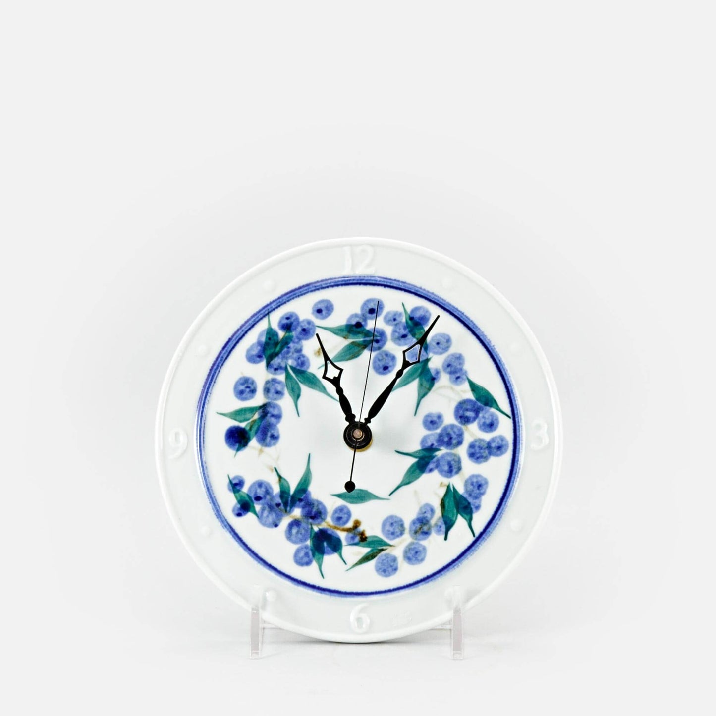 Handmade Pottery Large Clock w/ Stand in Blueberry pattern made by Georgetown Pottery in Maine