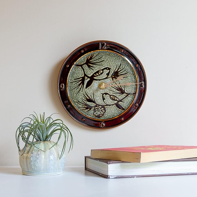 Handmade Pottery Nor'easter Clock in Hamada Chickadee pattern made by Georgetown Pottery in Maine