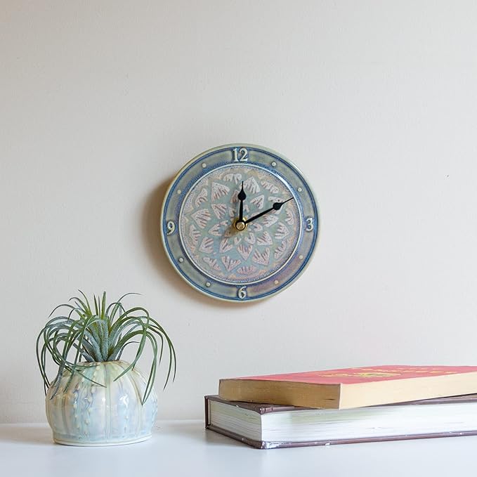Handmade Pottery Nor'easter Clock in Purple Celtic Flower pattern made by Georgetown Pottery in Maine