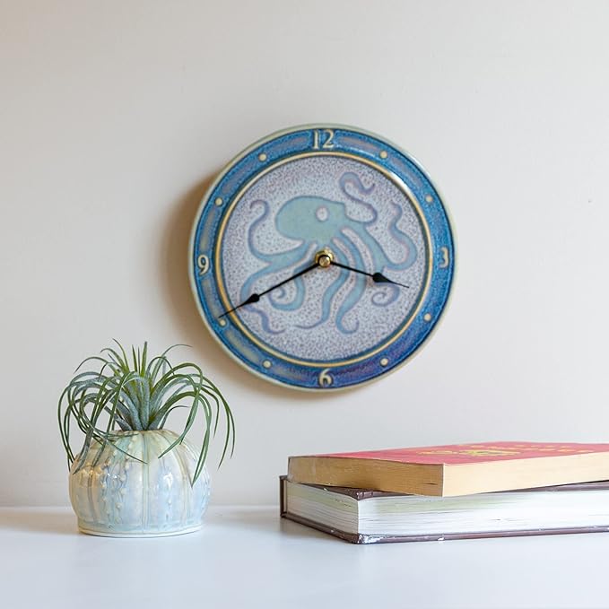 Handmade Pottery Nor'easter Clock in Purple Octopus pattern made by Georgetown Pottery in Maine