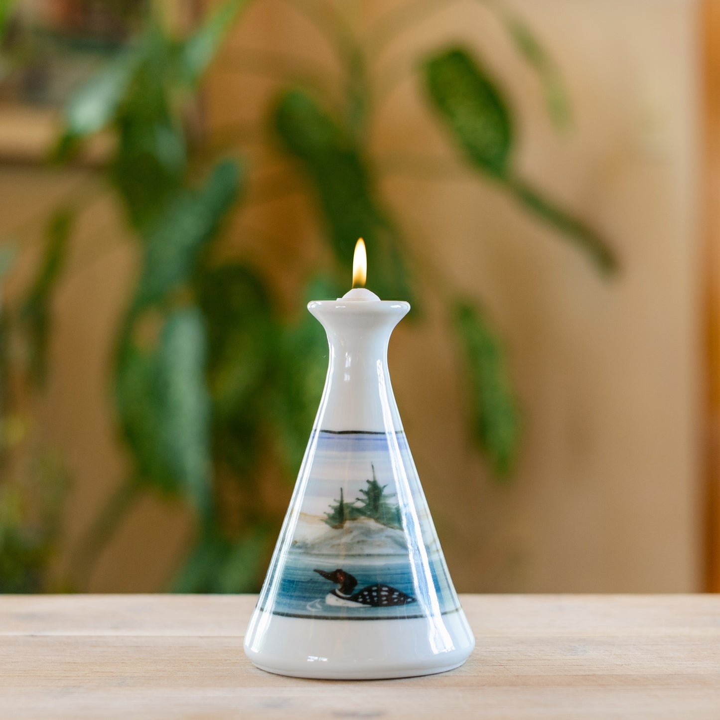 Handmade ceramic Oil Candle in Loon pattern made by Georgetown Pottery in Maine