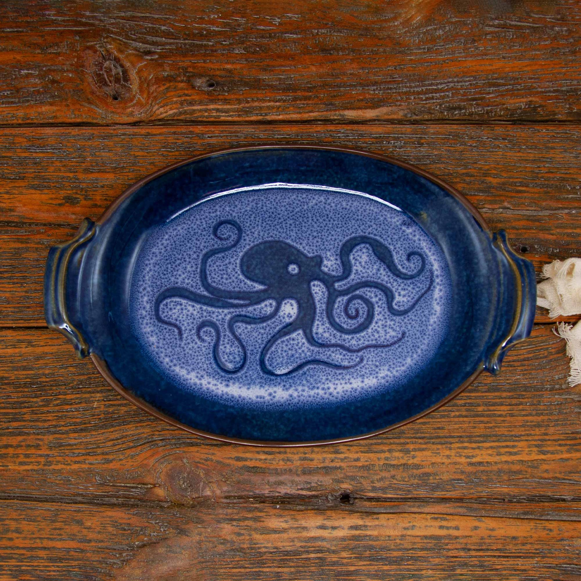 Handmade Pottery Oval Tray in Blue Octopus pattern made by Georgetown Pottery in Maine