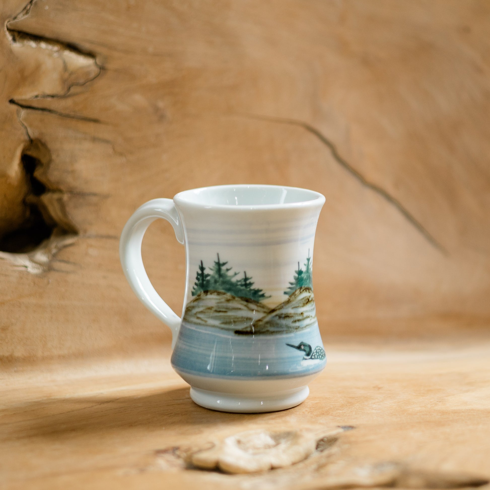 Pedestal Mug in Loon pattern made by Georgetown Pottery in Maine 