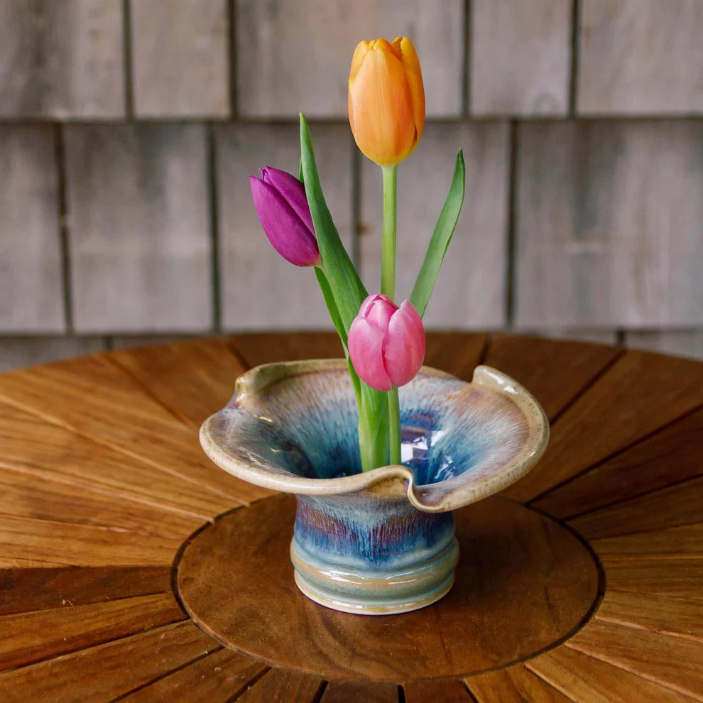 Handmade Pottery Small Lotus Ikebana Vase in Purplel Noka pattern made by Georgetown Pottery in Maine