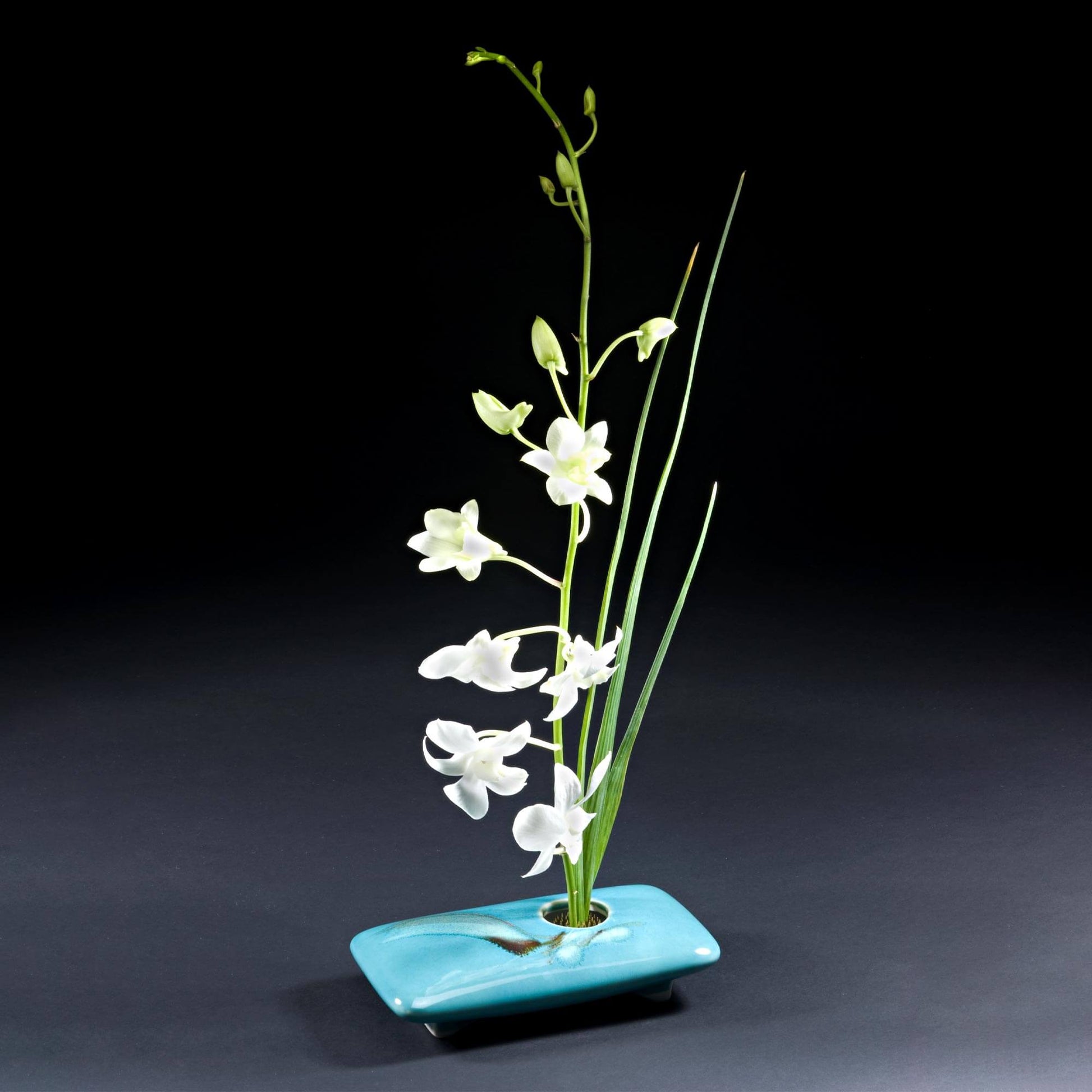 Rectangle Ikebana Flower Vase with Pin Frog in  Jade Wave pattern