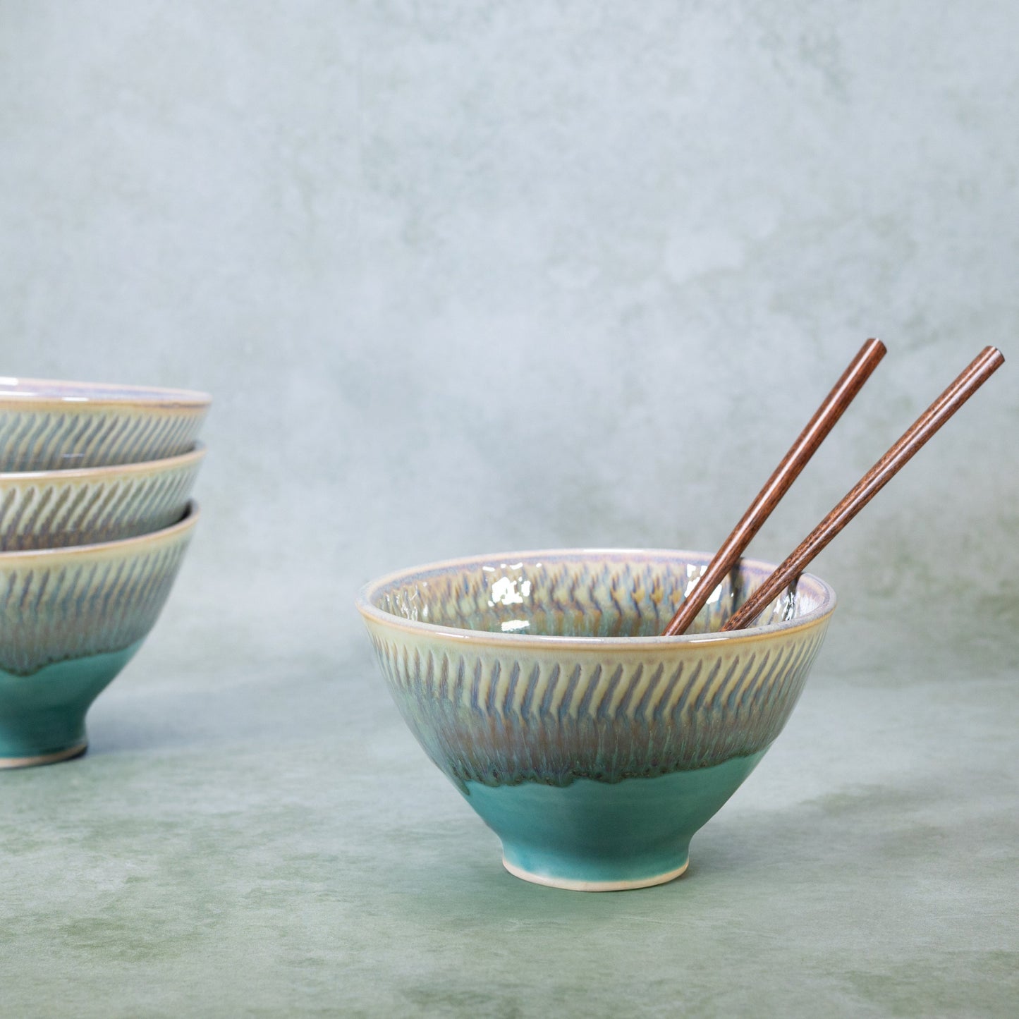 Ceramic Rice & Noodle Bowl in Green Oribe handmade by Georgetown Pottery in Maine