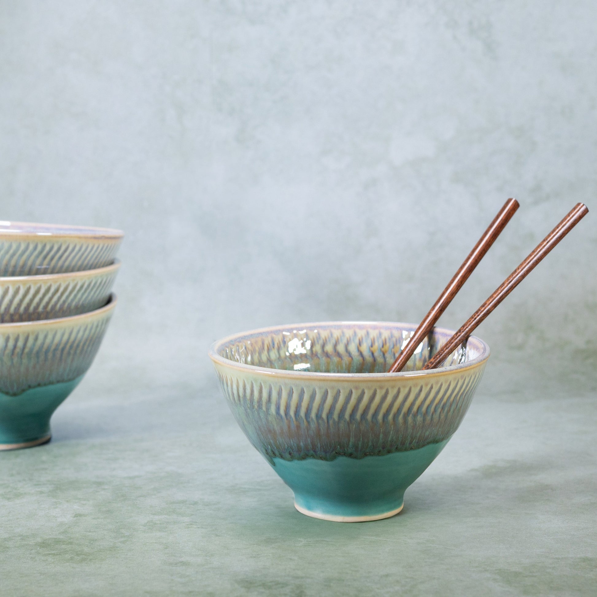 Ceramic Rice & Noodle Bowl in Green Oribe handmade by Georgetown Pottery in Maine