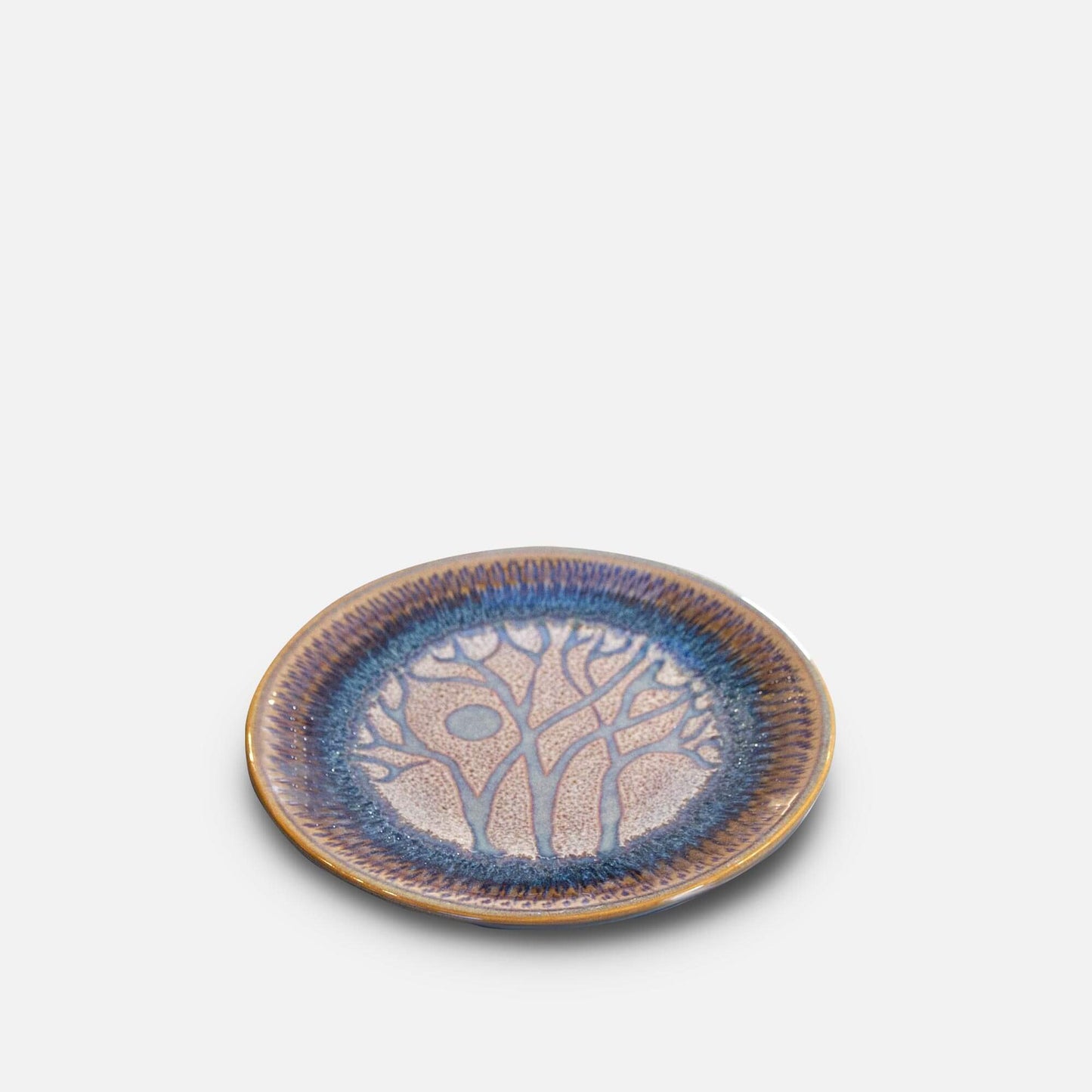 Handmade Pottery Rimless Dessert Plate made by Georgetown Pottery in Maine in Purple Tree pattern