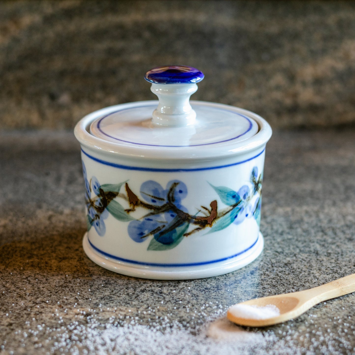Handmade ceramic Salt Cellar in Blueberry pattern made by Georgetown Pottery in Maine