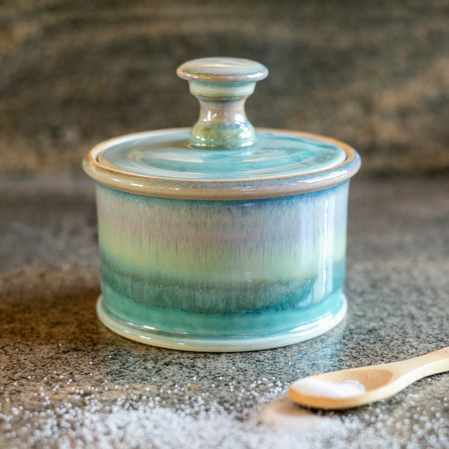 Handmade ceramic Salt Cellar in Green Oribe made by Georgetown Pottery in Maine