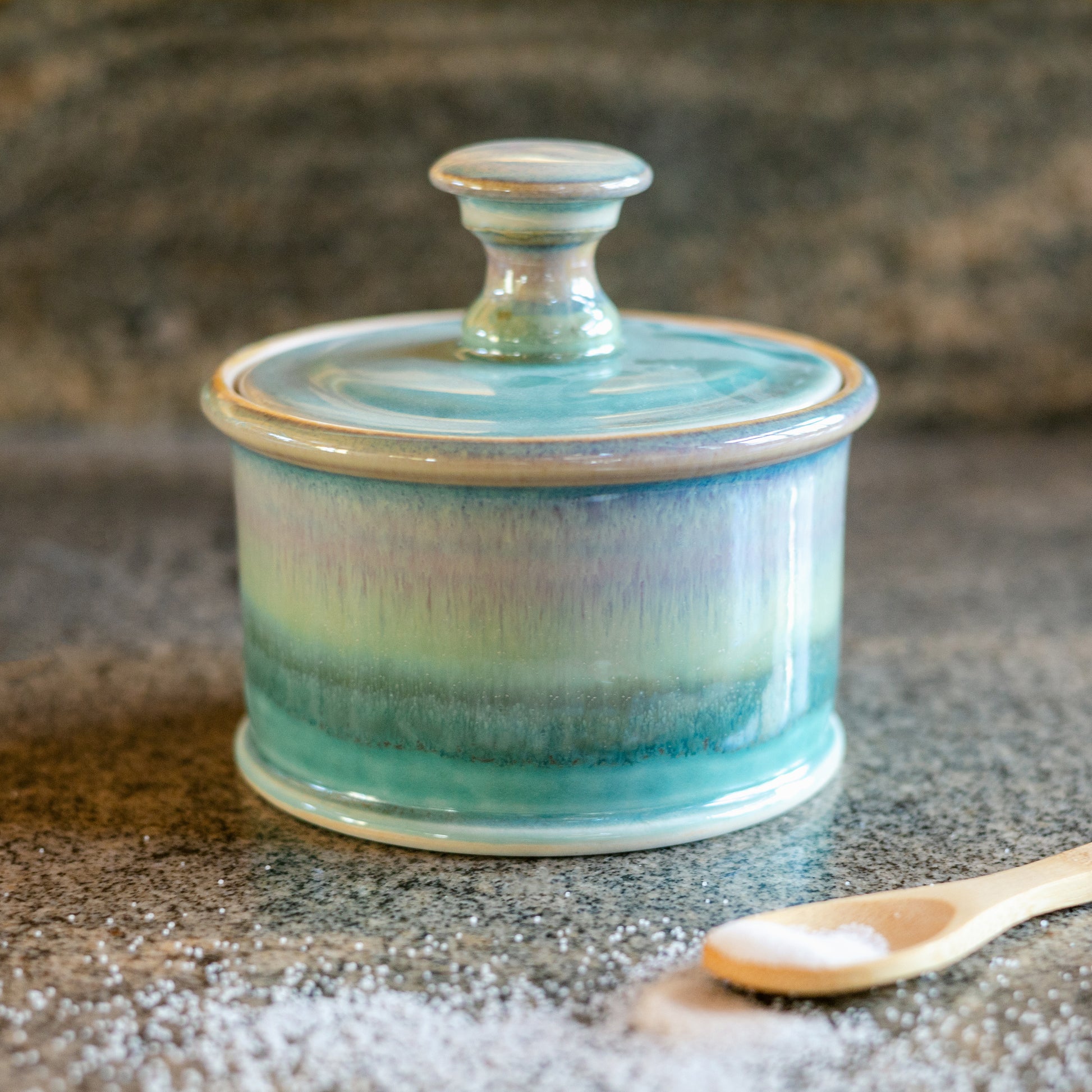 Handmade ceramic Salt Cellar in Green Oribe made by Georgetown Pottery in Maine