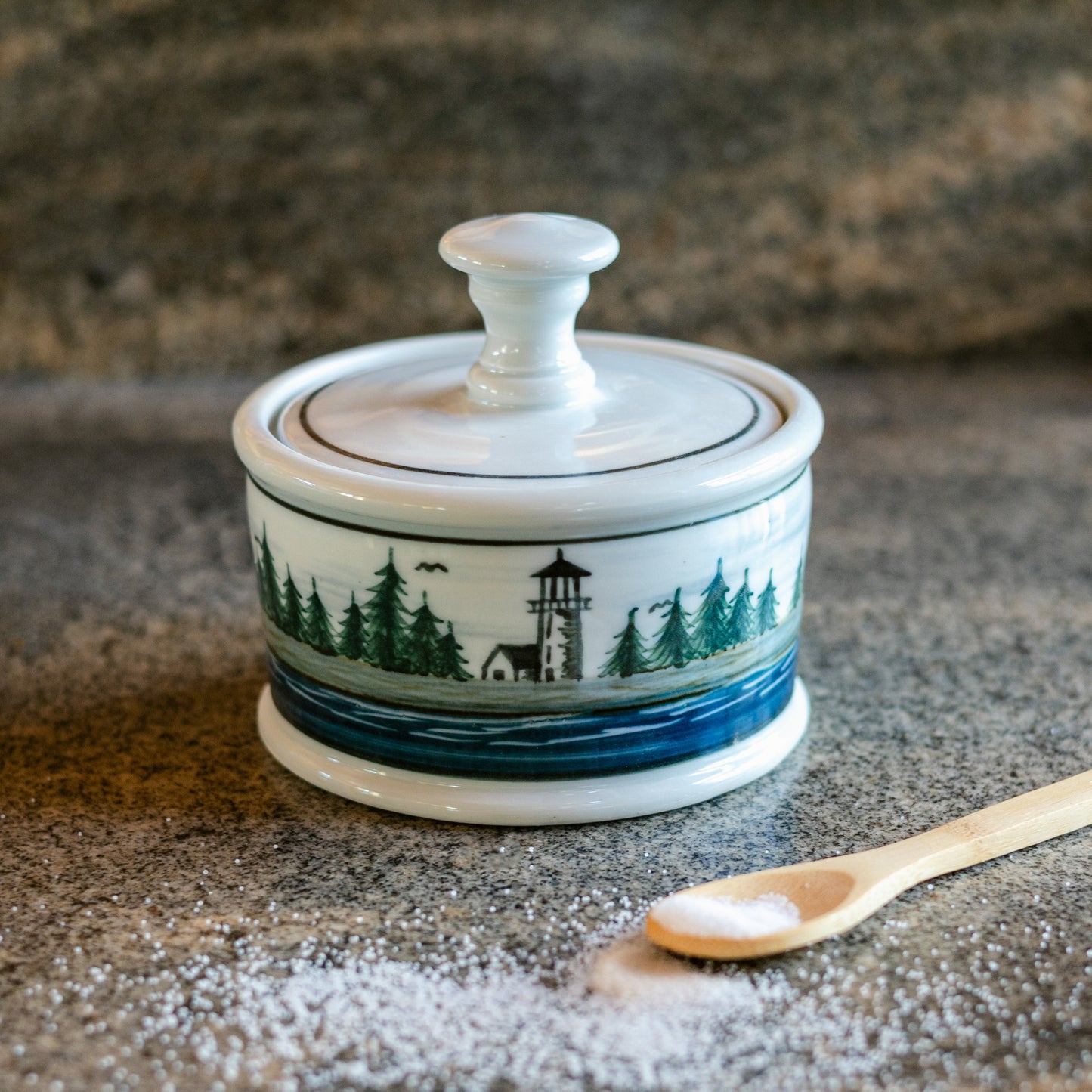 Handmade ceramic Salt Cellar in Lighthouse pattern made by Georgetown Pottery in Maine
