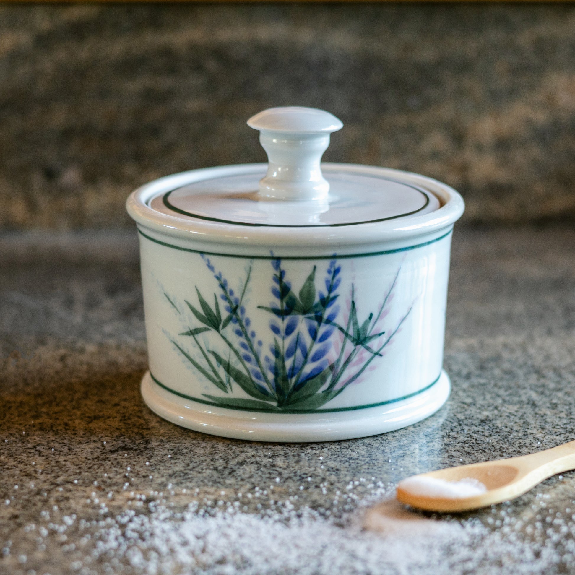 Handmade ceramic Salt Cellar in Lupine pattern made by Georgetown Pottery in Maine