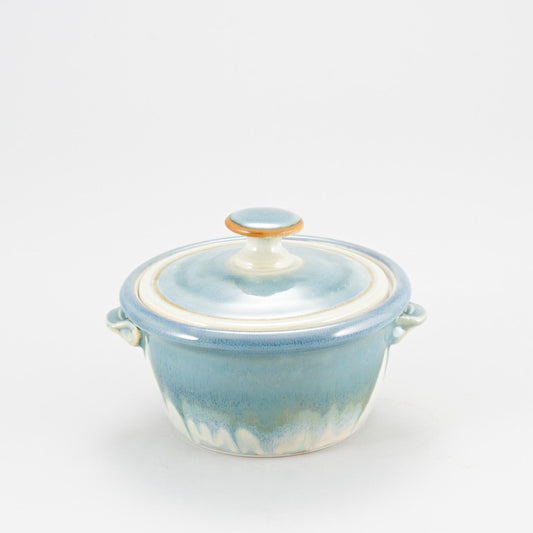 Handmade Pottery Mini Casserole in Ivory & Blue pattern made by Georgetown Pottery in Maine