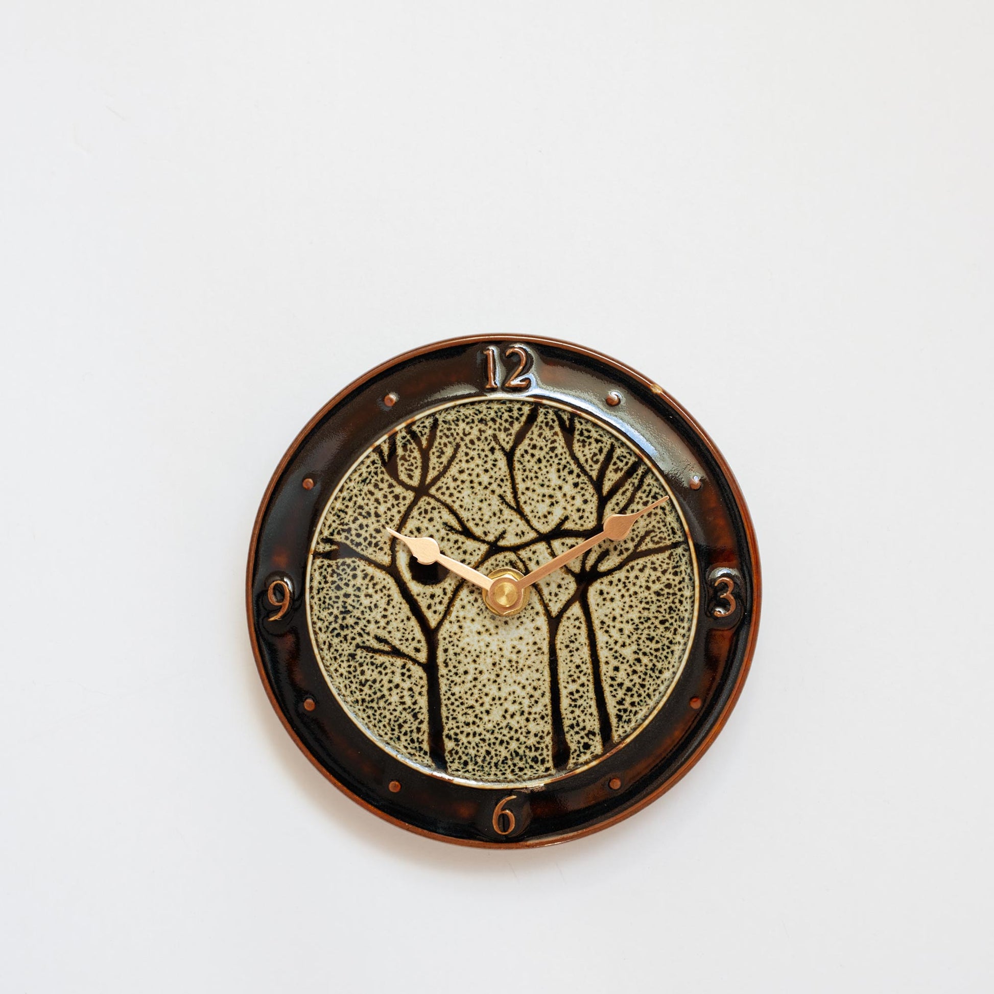 Handmade Pottery Small Clock w/ Stand in Hamada Tree pattern made by Georgetown Pottery in Maine