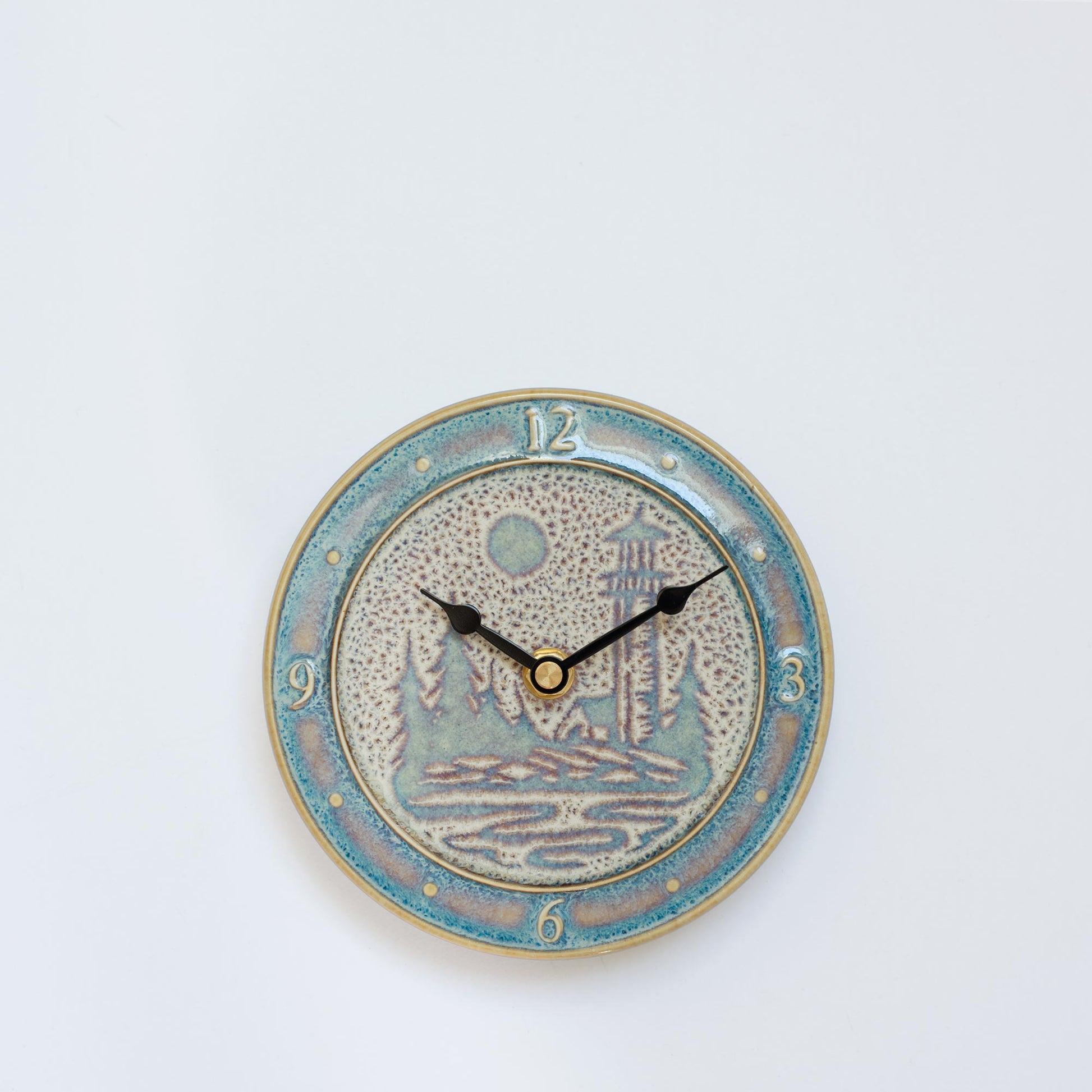 Handmade Pottery Small Clock w/ Stand in Purple Lighthouse pattern made by Georgetown Pottery in Maine