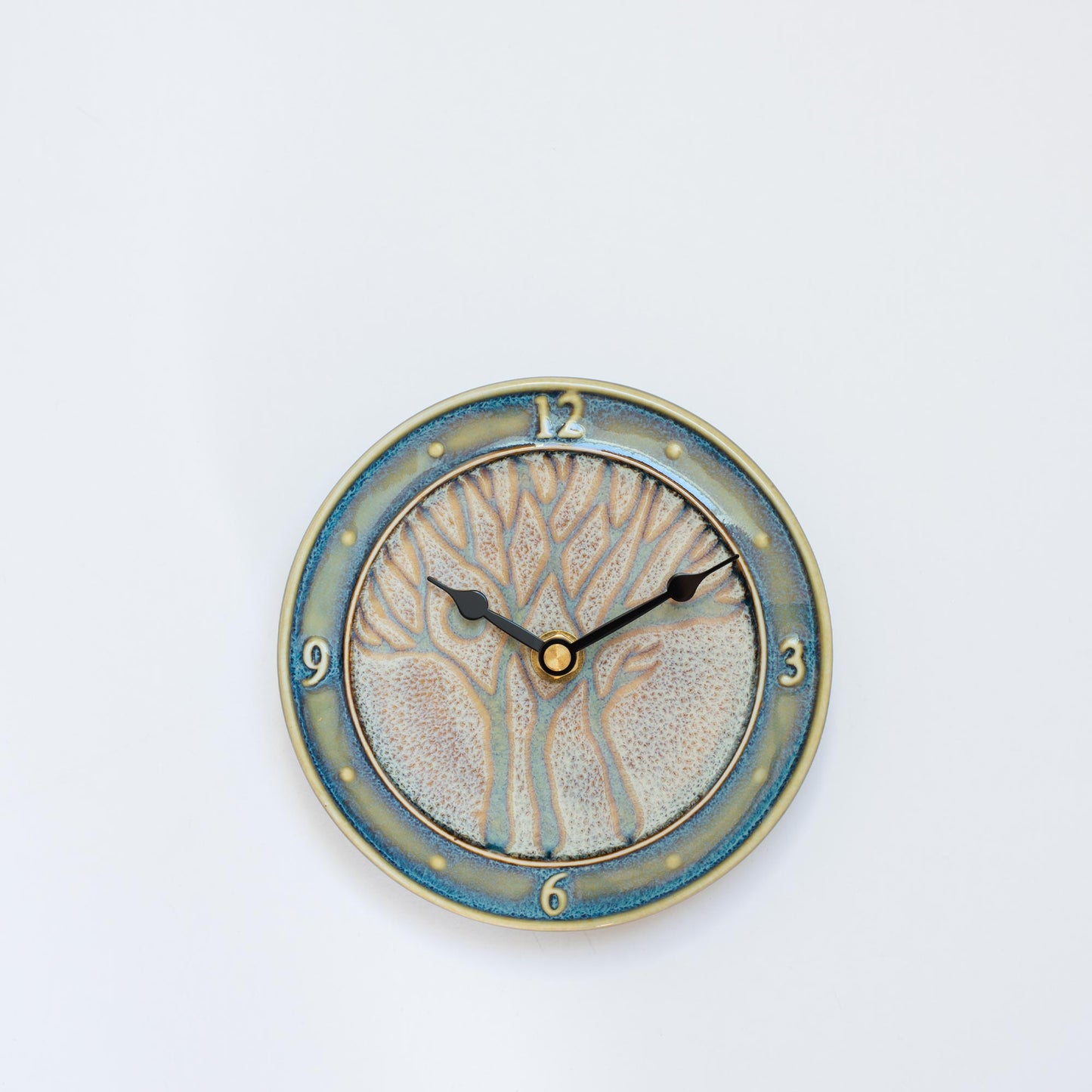 Handmade Pottery Small Clock w/ Stand in Purple Tree pattern made by Georgetown Pottery in Maine