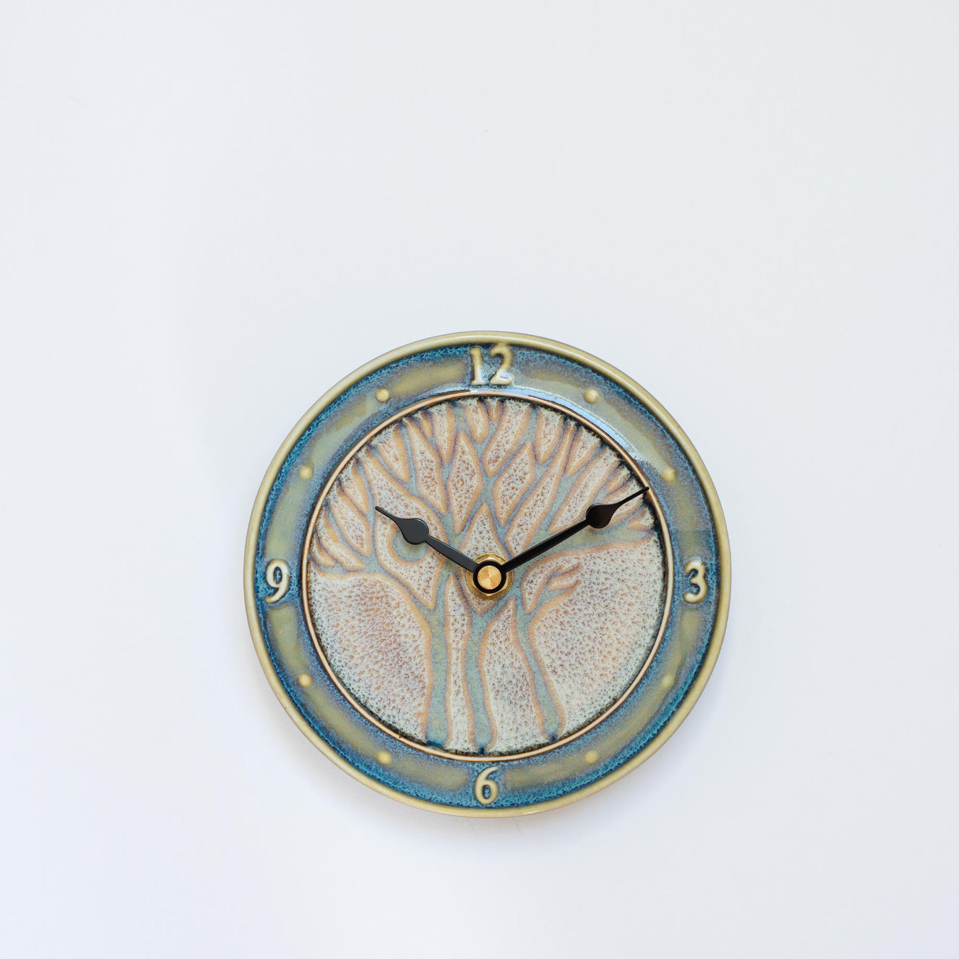 Handmade Pottery Small Clock w/ Stand in Purple Tree pattern made by Georgetown Pottery in Maine